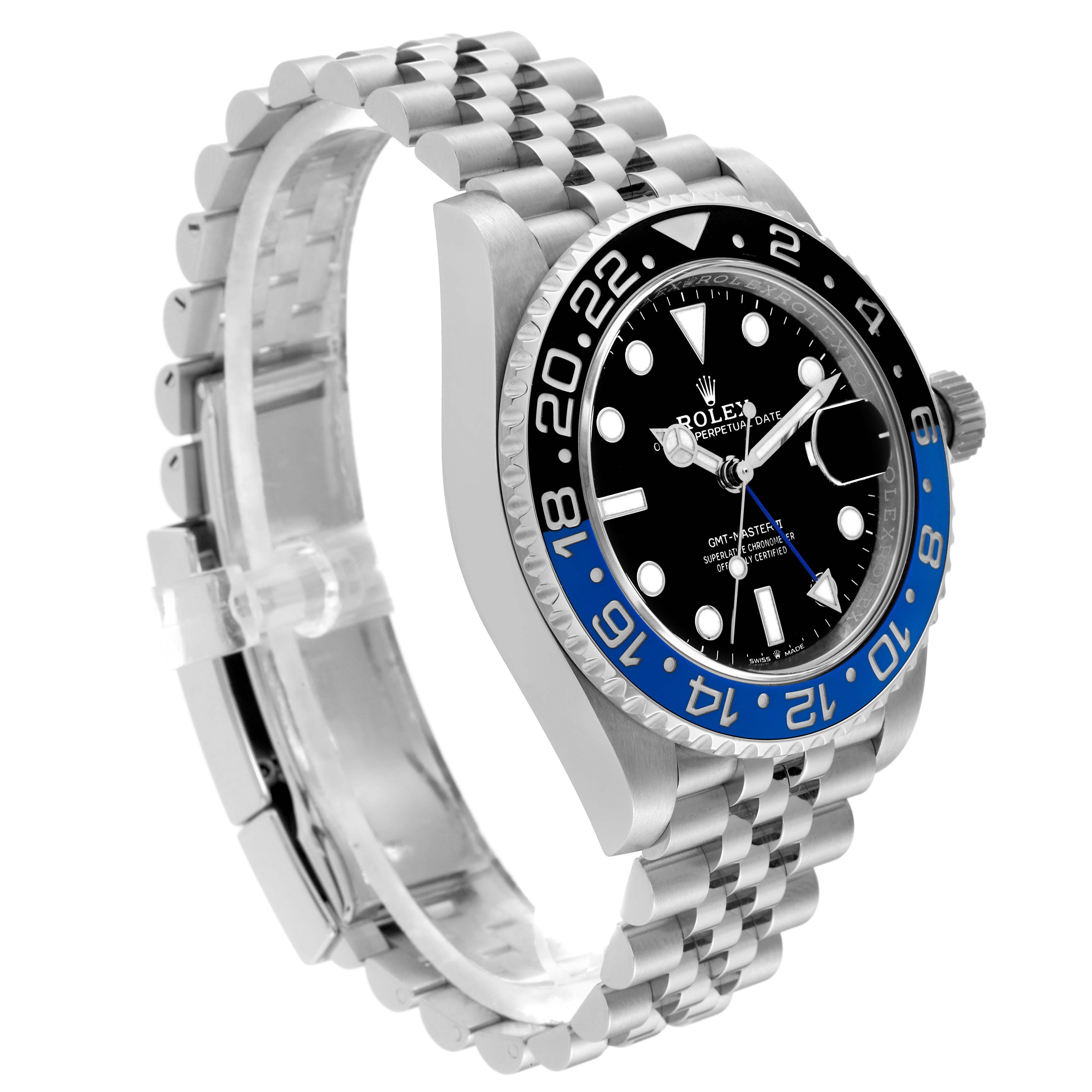 The Rolex GMT-Master 126710 Men
s Stainless Steel Black Dial 126710 Men
s Stainless Steel Black Dial watch is shown from a front angle highlighting its face, bezel, and bracelet.