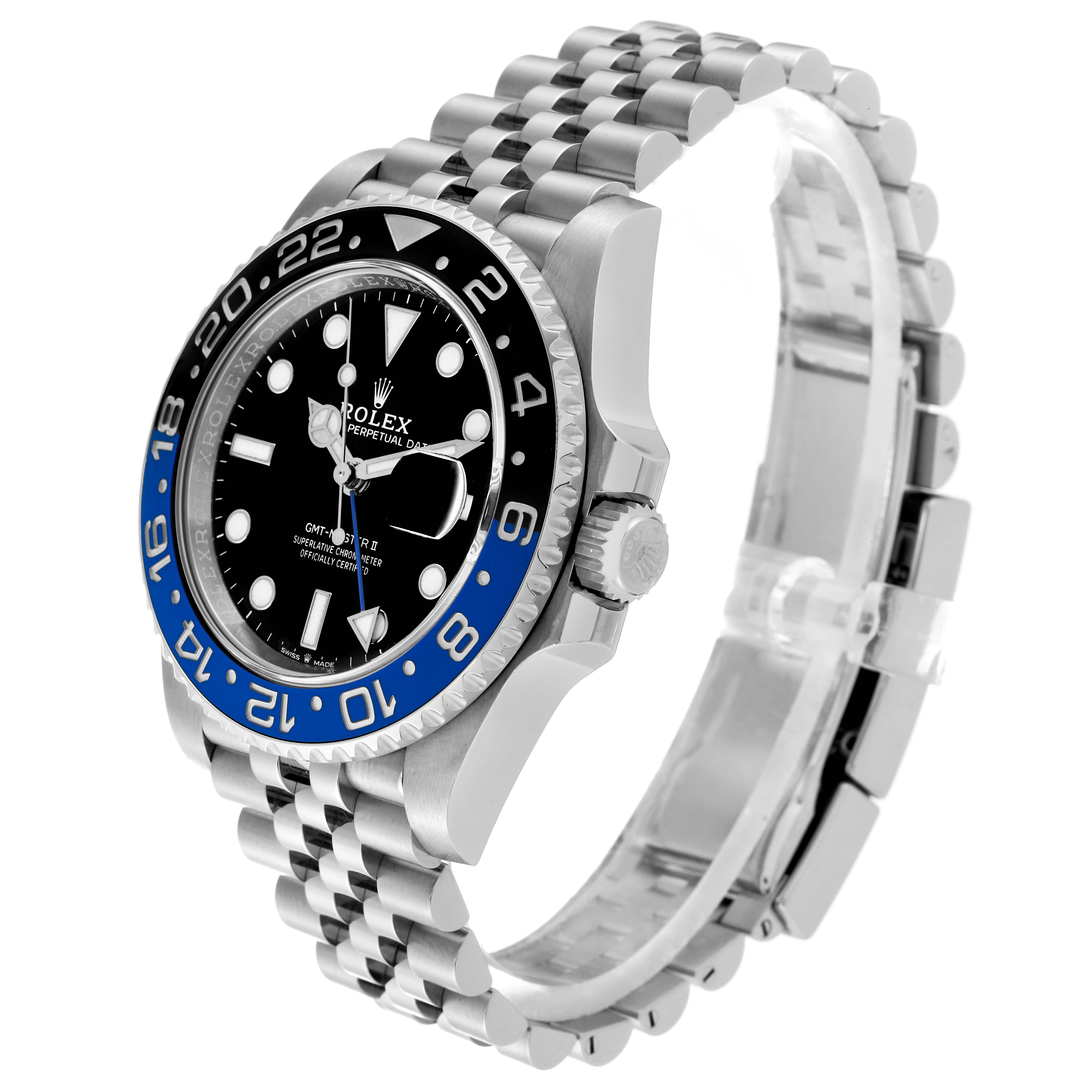 The image shows a side angle of the Rolex GMT-Master 126710 Men
s Stainless Steel Black Dial 126710 Men
s Stainless Steel Black Dial watch, highlighting its bezel, crown, and jubilee bracelet.