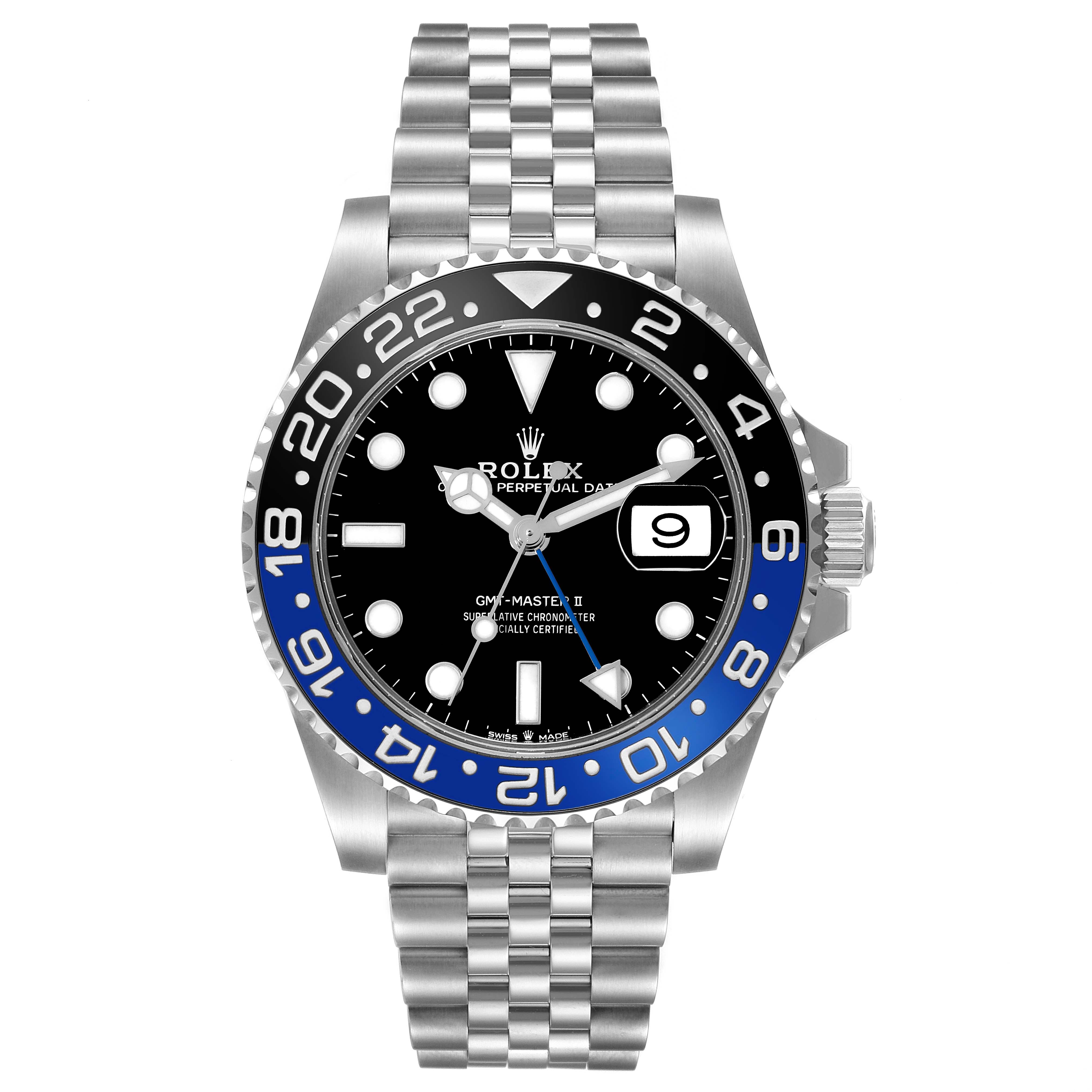 The image shows a front view of a Rolex GMT-Master 126710 Men
s Stainless Steel Black Dial 126710 Men
s Stainless Steel Black Dial II watch, featuring a black and blue bezel and date display.