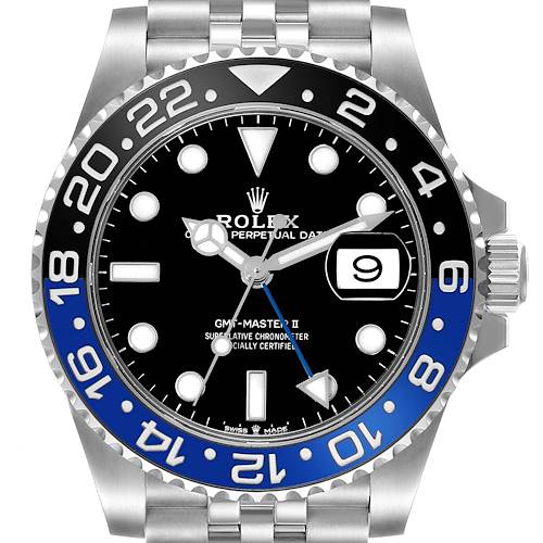 The image shows a front view of a Rolex GMT-Master II watch, highlighting its bezel, dial, hands, and bracelet.