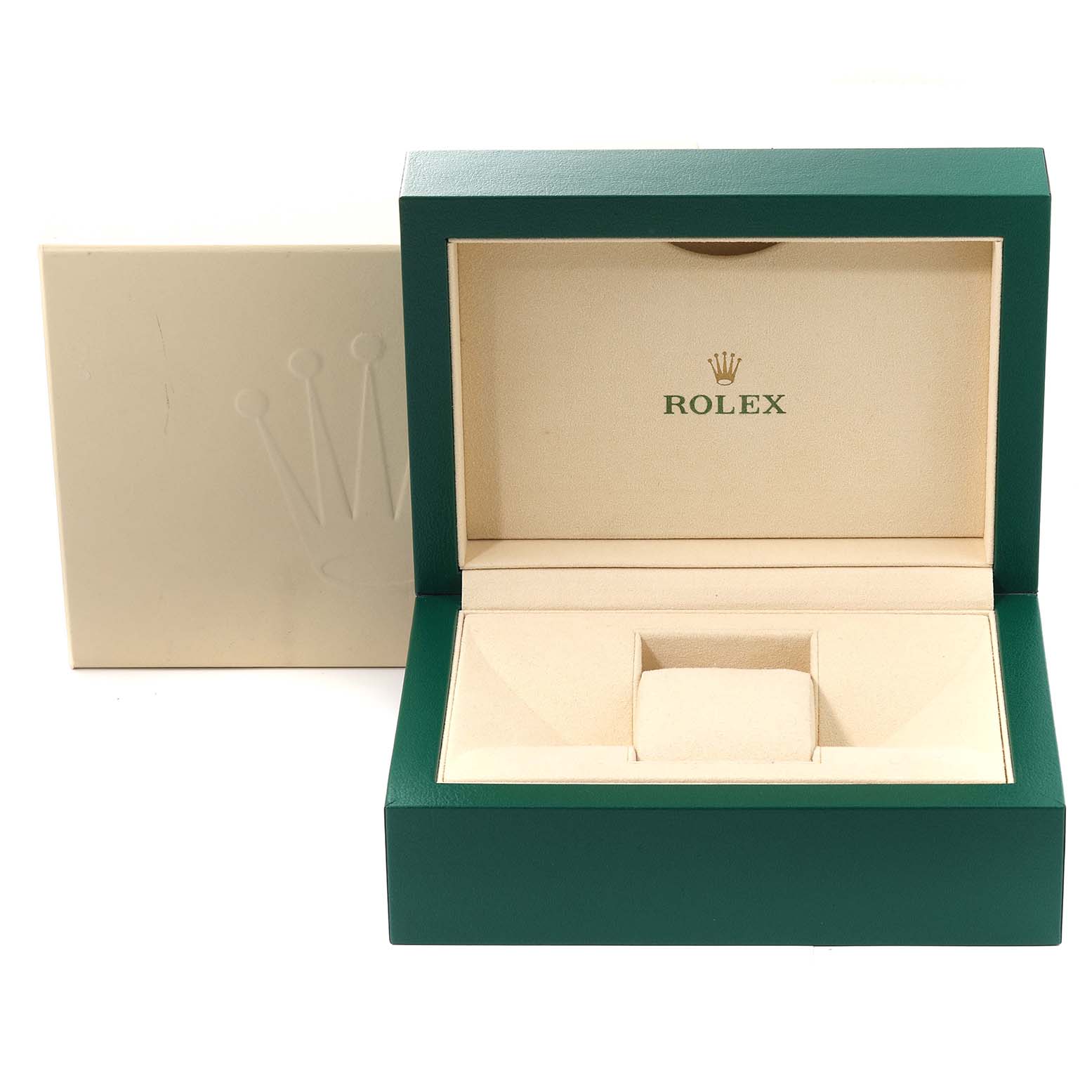 This image shows an open Rolex GMT-Master 126710 Men
s Stainless Steel Black Dial 126710 Men
s Stainless Steel Black Dial watch box with its outer cream-colored sleeve.