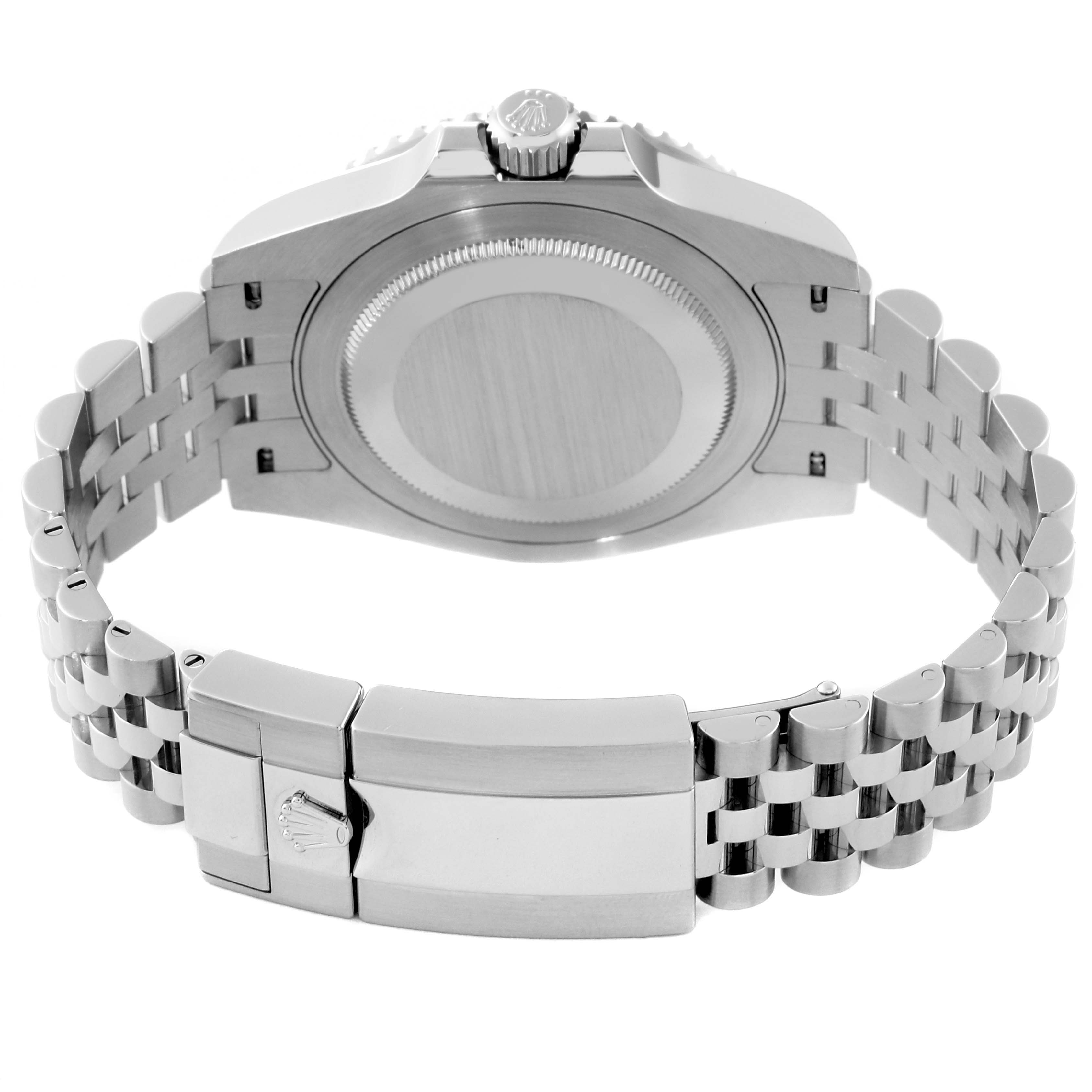 The image shows the back case, crown, and bracelet of a Rolex GMT-Master 126710 Men
s Stainless Steel Black Dial 126710 Men
s Stainless Steel Black Dial watch from a rear view angle.