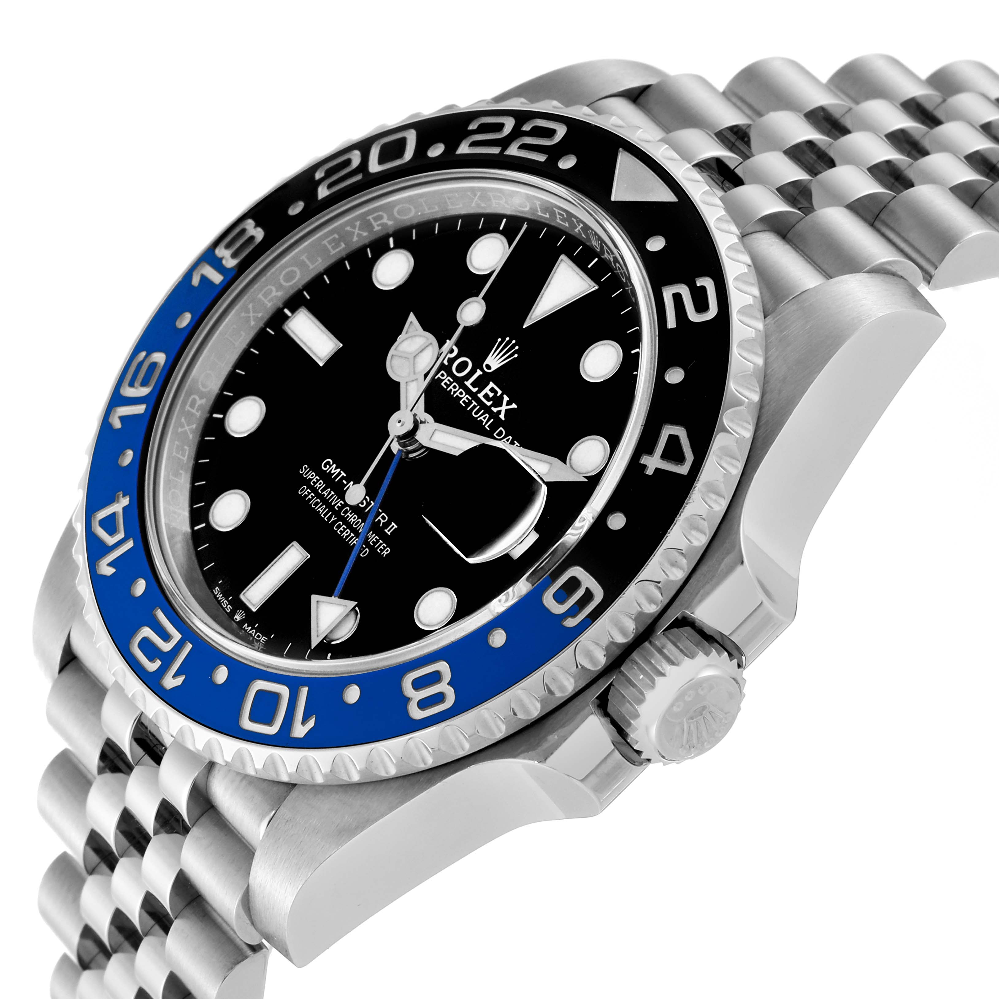This image shows a side angle of the Rolex GMT-Master 126710 Men
s Stainless Steel Black Dial 126710 Men
s Stainless Steel Black Dial watch, highlighting the bezel, dial, and part of the bracelet.