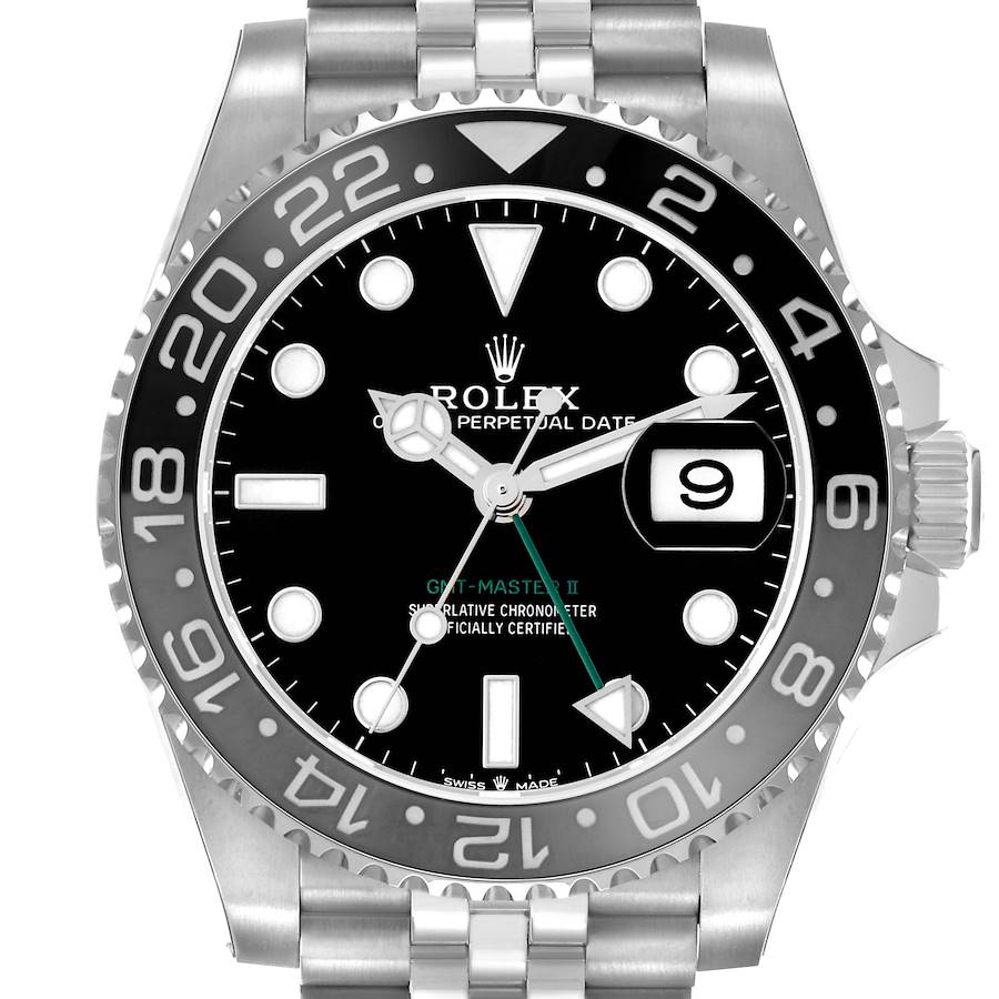 The image shows a frontal view of a Rolex GMT-Master 126710GRNR Men
s Stainless Steel Black Dial II watch, displaying its bezel, dial, hands, and date magnification.