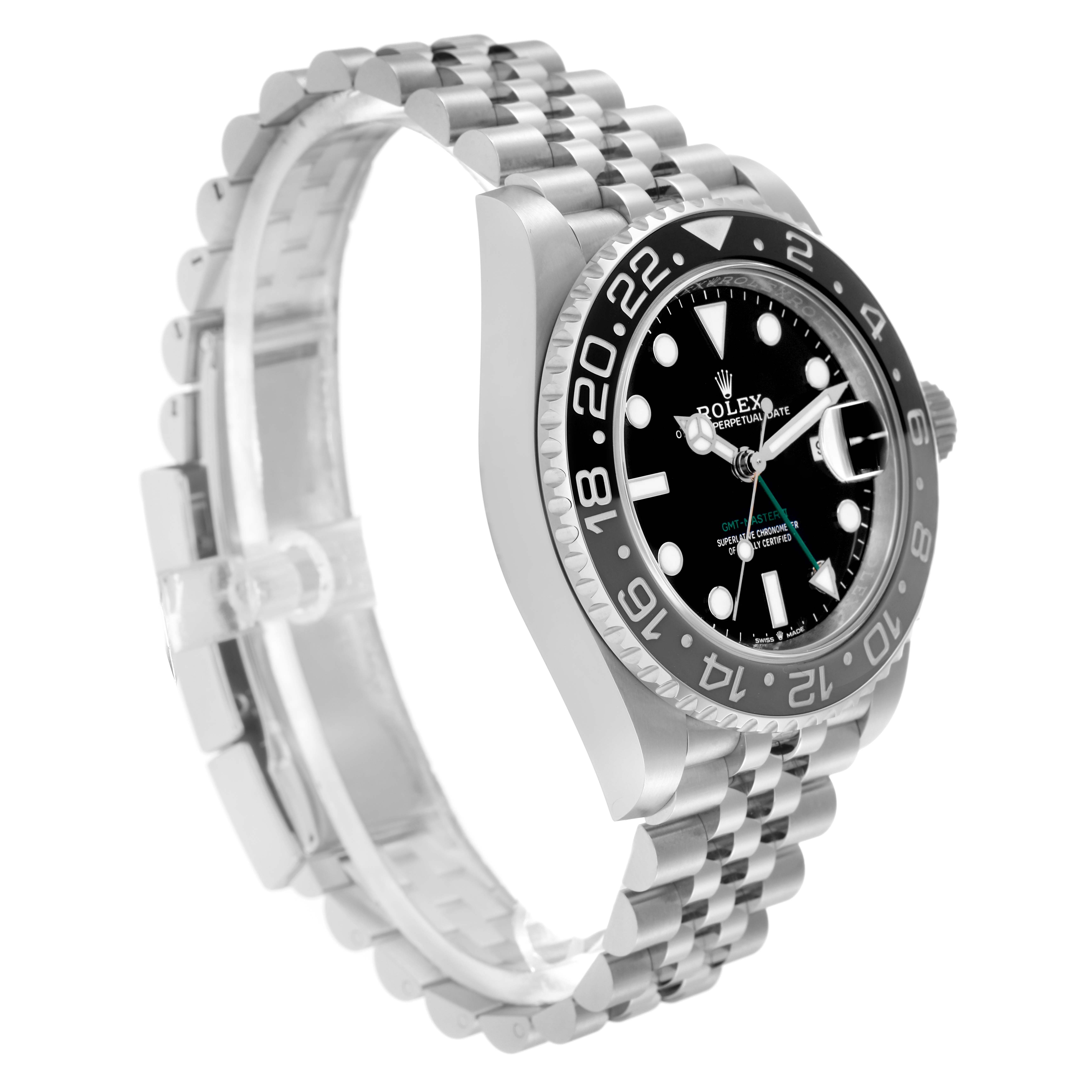 The Rolex GMT-Master 126710GRNR Men
s Stainless Steel Black Dial watch is shown at a slight side angle, highlighting the bezel, dial, and bracelet.