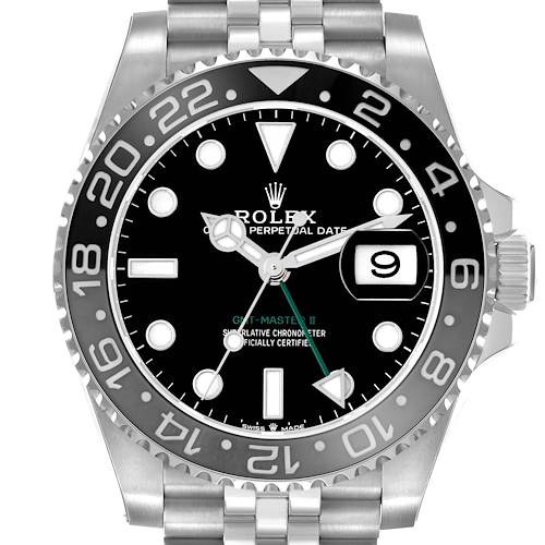 The Rolex GMT-Master 126710GRNR Men
s Stainless Steel Black Dial model is shown from a front angle, featuring the dial, bezel, crown, and a portion of the bracelet.