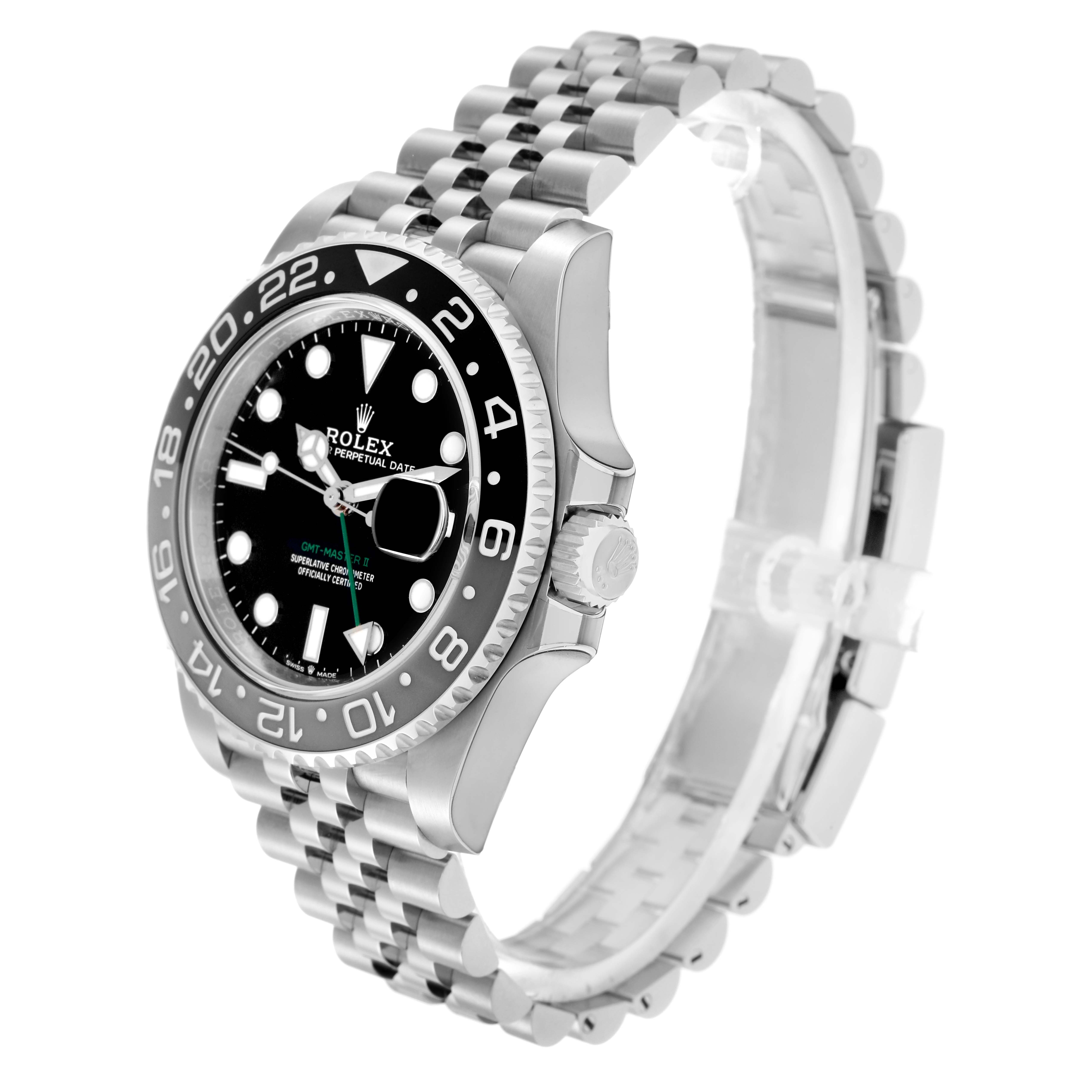 The Rolex GMT-Master 126710GRNR Men
s Stainless Steel Black Dial watch is shown from an angled side view, displaying the bezel, dial, crown, and part of the bracelet.
