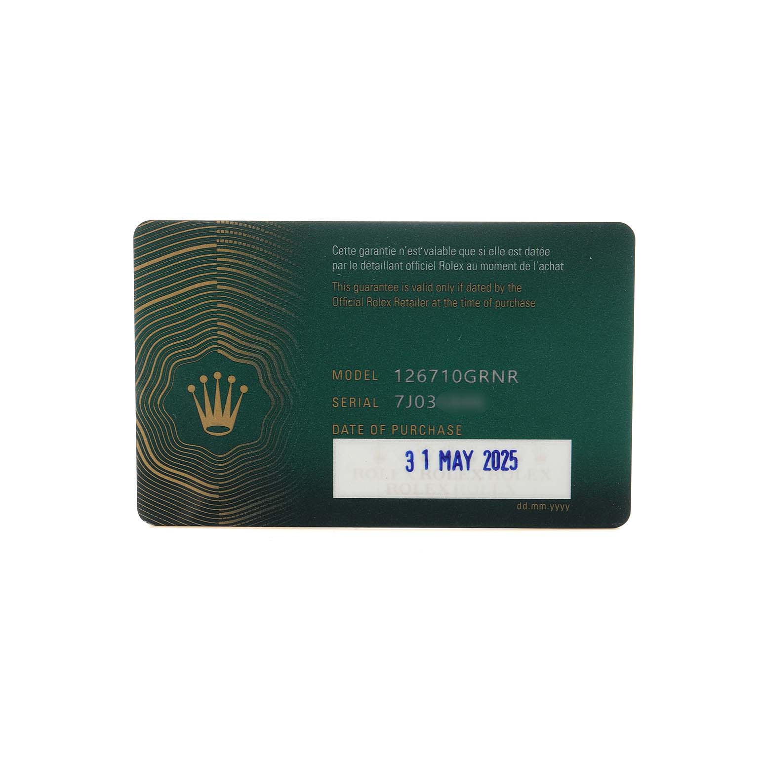 The image shows a warranty card for a Rolex GMT-Master 126710GRNR Men
s Stainless Steel Black Dial model, displaying model and serial numbers along with the purchase date.