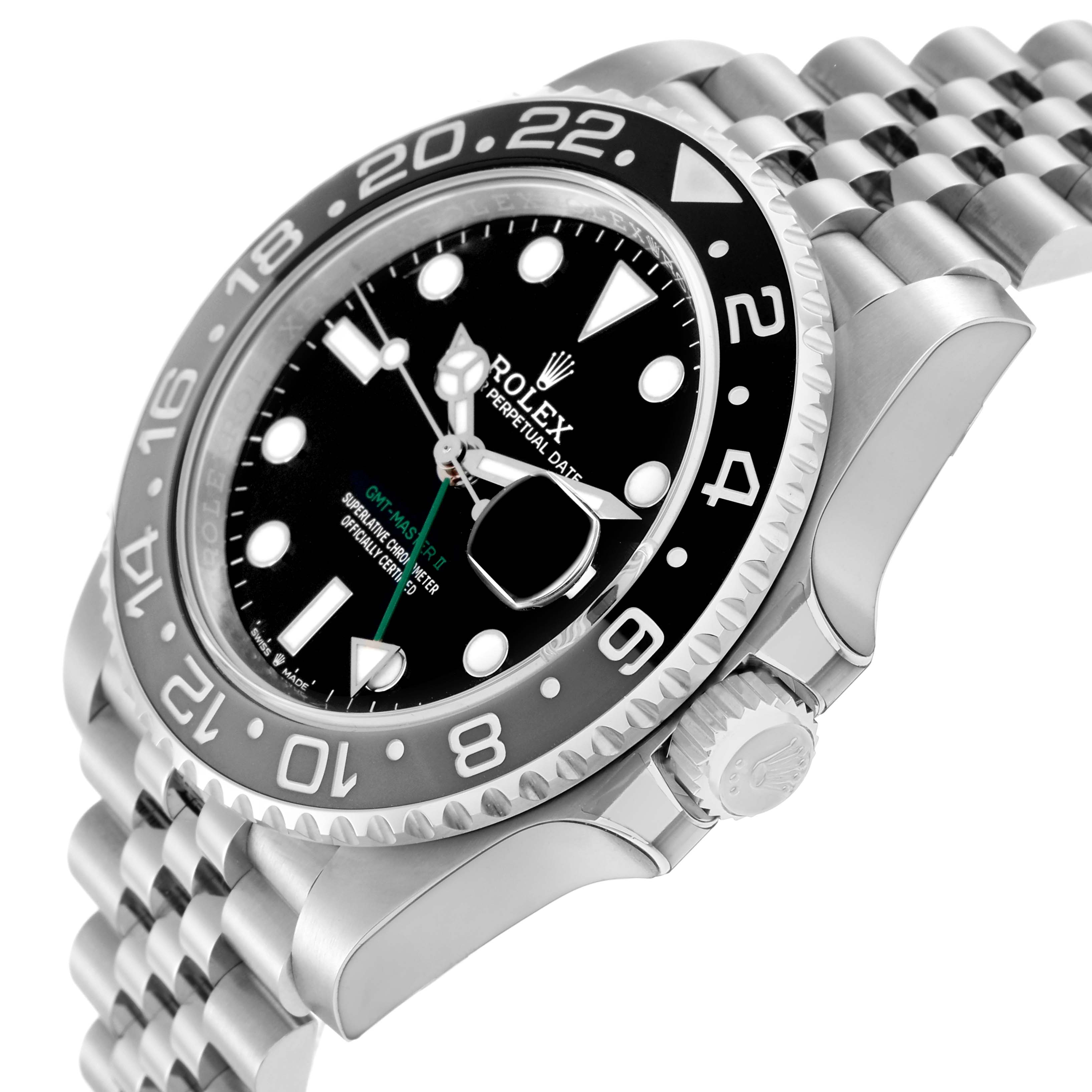 The image shows a Rolex GMT-Master 126710GRNR Men
s Stainless Steel Black Dial watch at a slight angle, highlighting the bezel, crown, and Jubilee bracelet.