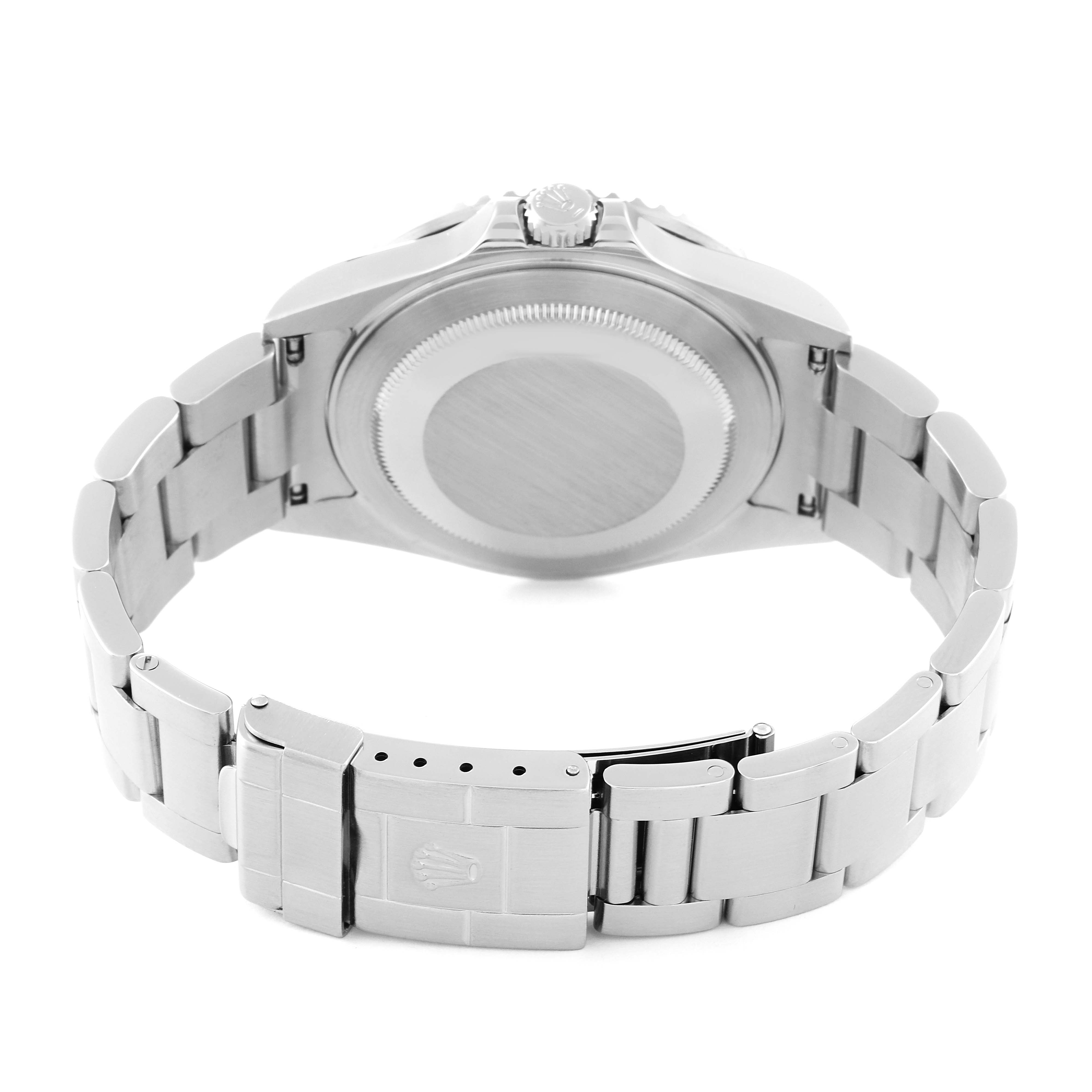 This image shows the back case and bracelet of a Rolex GMT-Master 16710 Men's Stainless Steel Black Dial 16710 Men's Stainless Steel Black Dial watch.