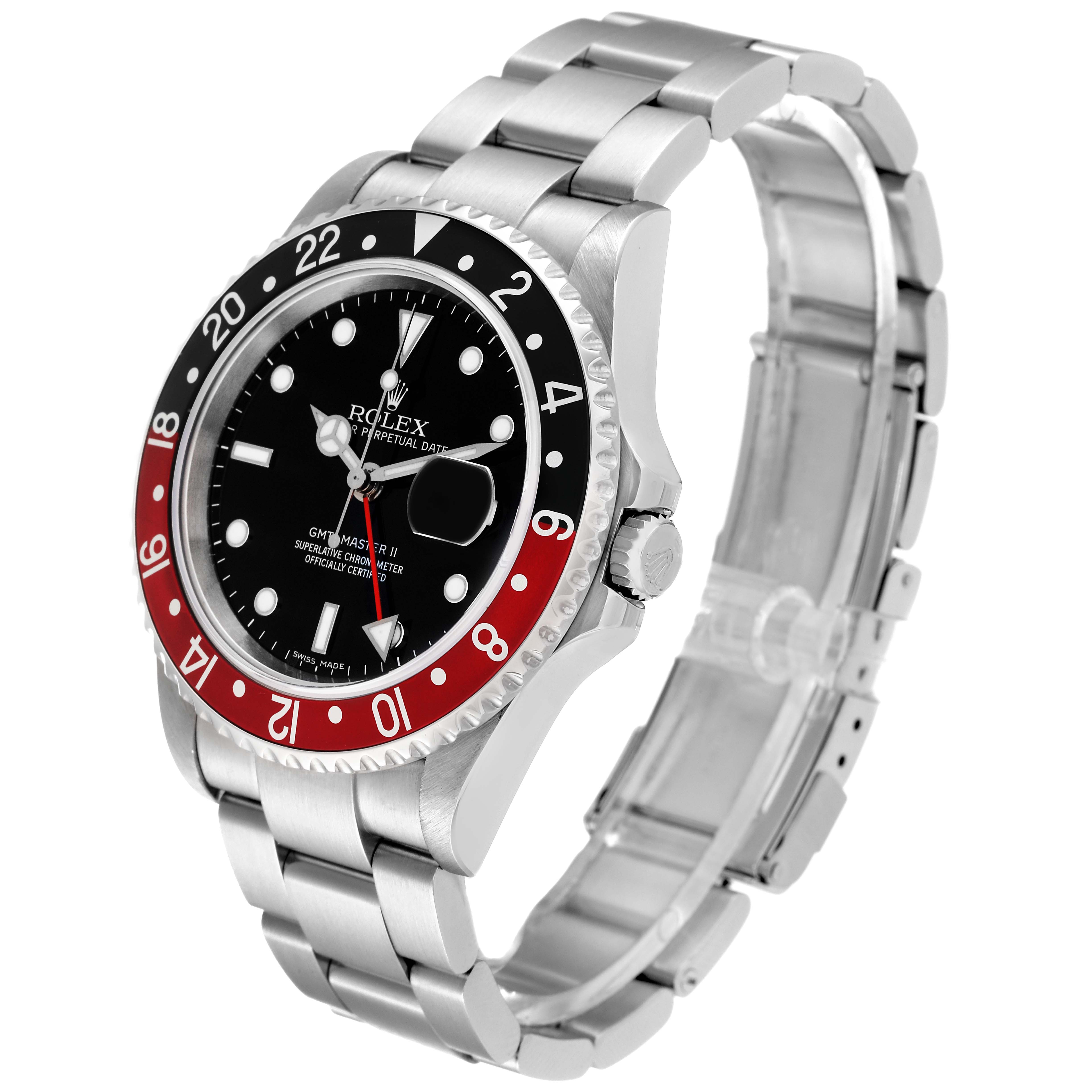 This image shows a side angle of a Rolex GMT-Master 16710 Men's Stainless Steel Black Dial 16710 Men's Stainless Steel Black Dial II watch, highlighting its bracelet, bezel, and face.