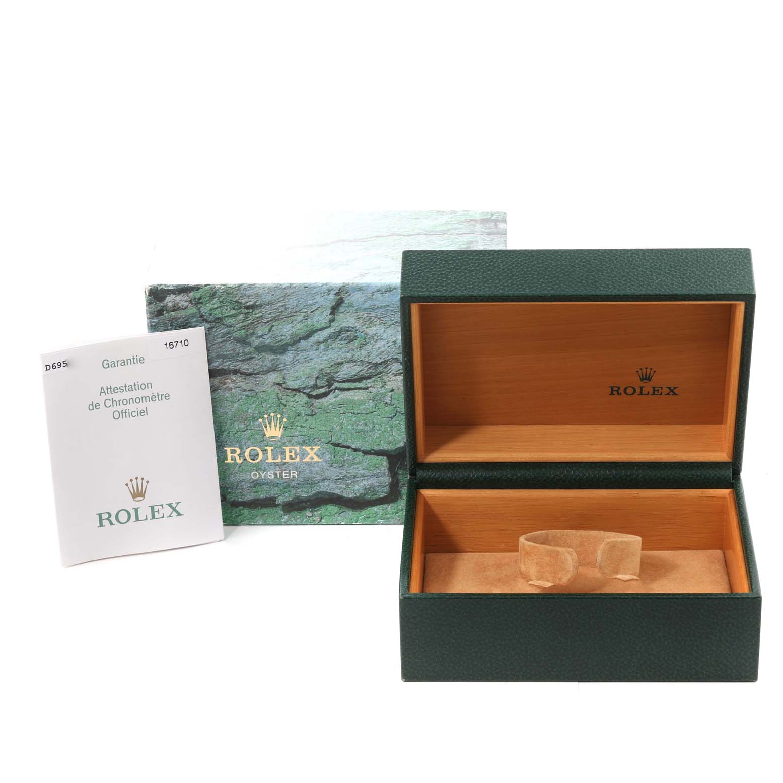 The image shows an open Rolex GMT-Master 16710 Men's Stainless Steel Black Dial 16710 Men's Stainless Steel Black Dial watch box with the original packaging and a warranty card beside it.