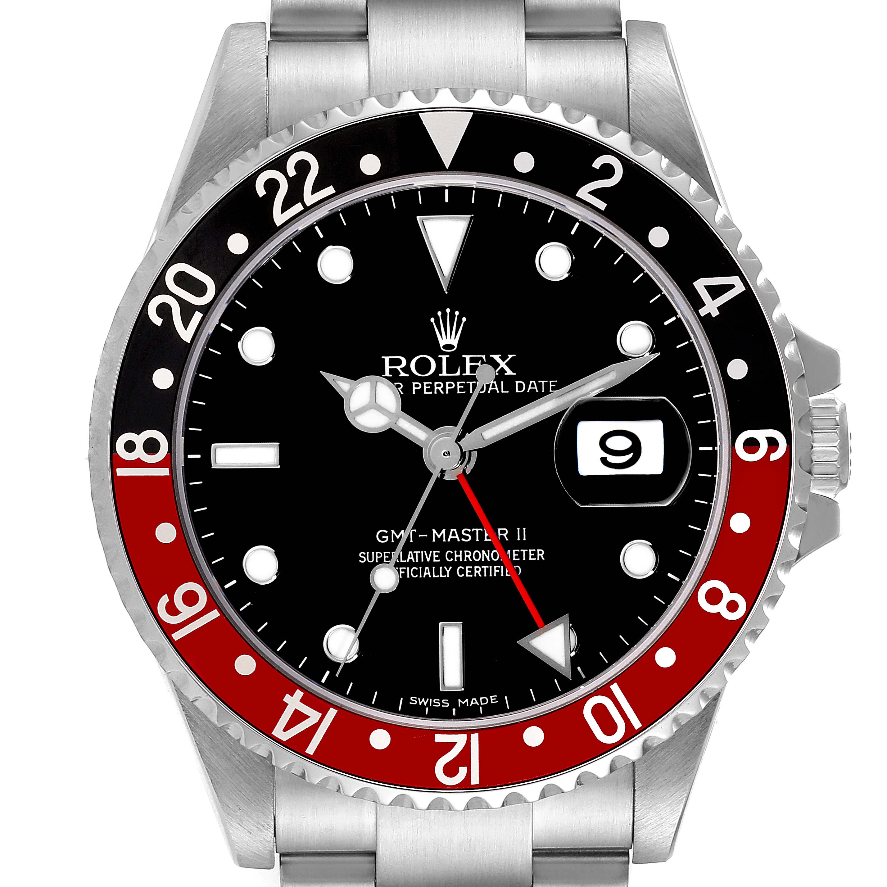 This image shows a frontal view of a Rolex GMT-Master 16710 Men's Stainless Steel Black Dial 16710 Men's Stainless Steel Black Dial II watch, highlighting the dial, bezel, and crown.