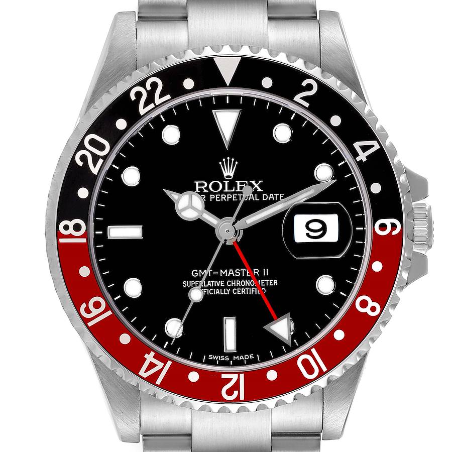 Rolex GMT Master II Black Red Coke Bezel Error Dial Steel Watch 16710 Box Papers SwissWatchExpo