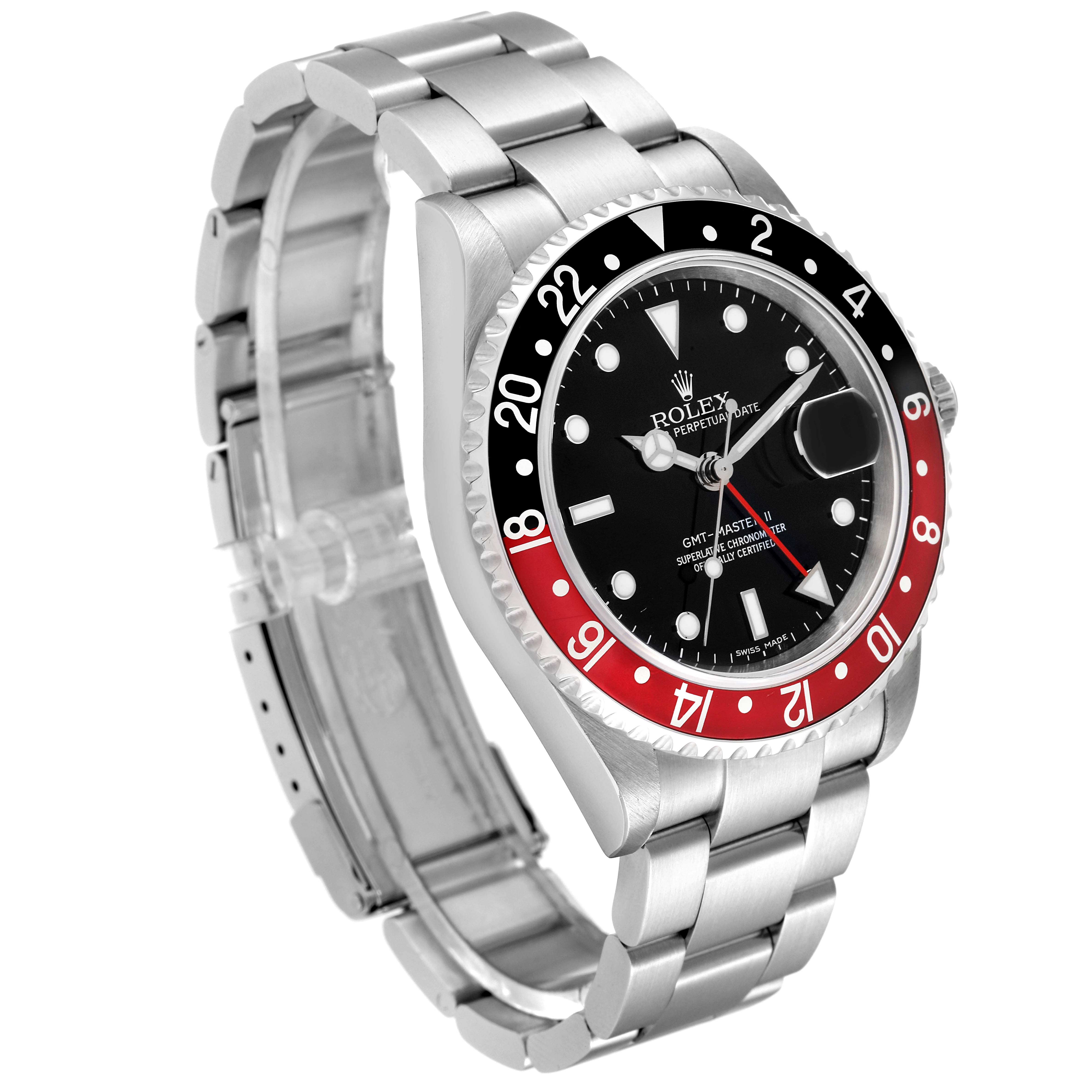 The image shows a Rolex GMT-Master 16710 Men's Stainless Steel Black Dial 16710 Men's Stainless Steel Black Dial watch at an angle highlighting the face, bezel, and part of the stainless steel bracelet.