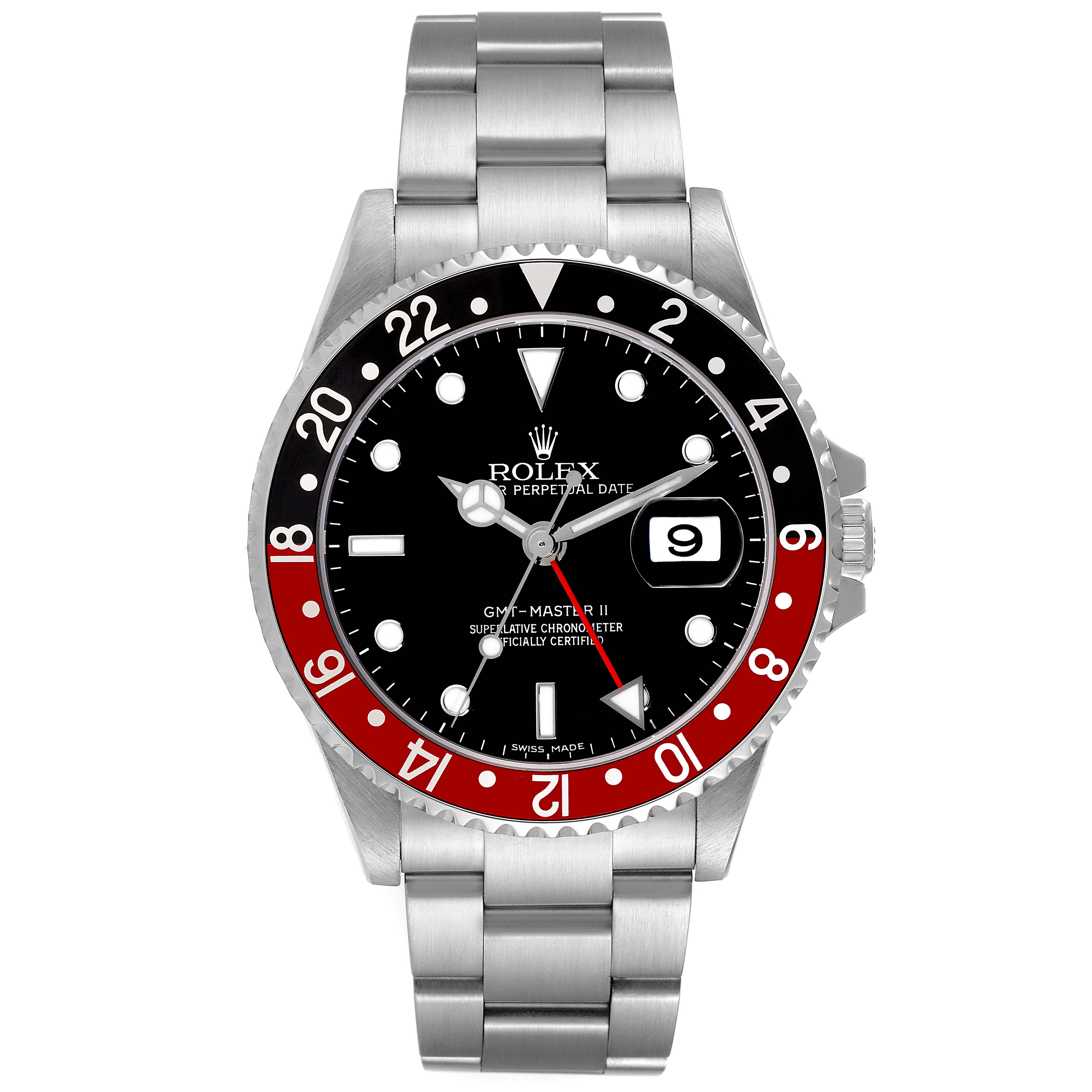 The image shows a frontal view of a Rolex GMT-Master 16710 Men's Stainless Steel Black Dial 16710 Men's Stainless Steel Black Dial II watch, displaying its bezel, dial, hands, and bracelet.