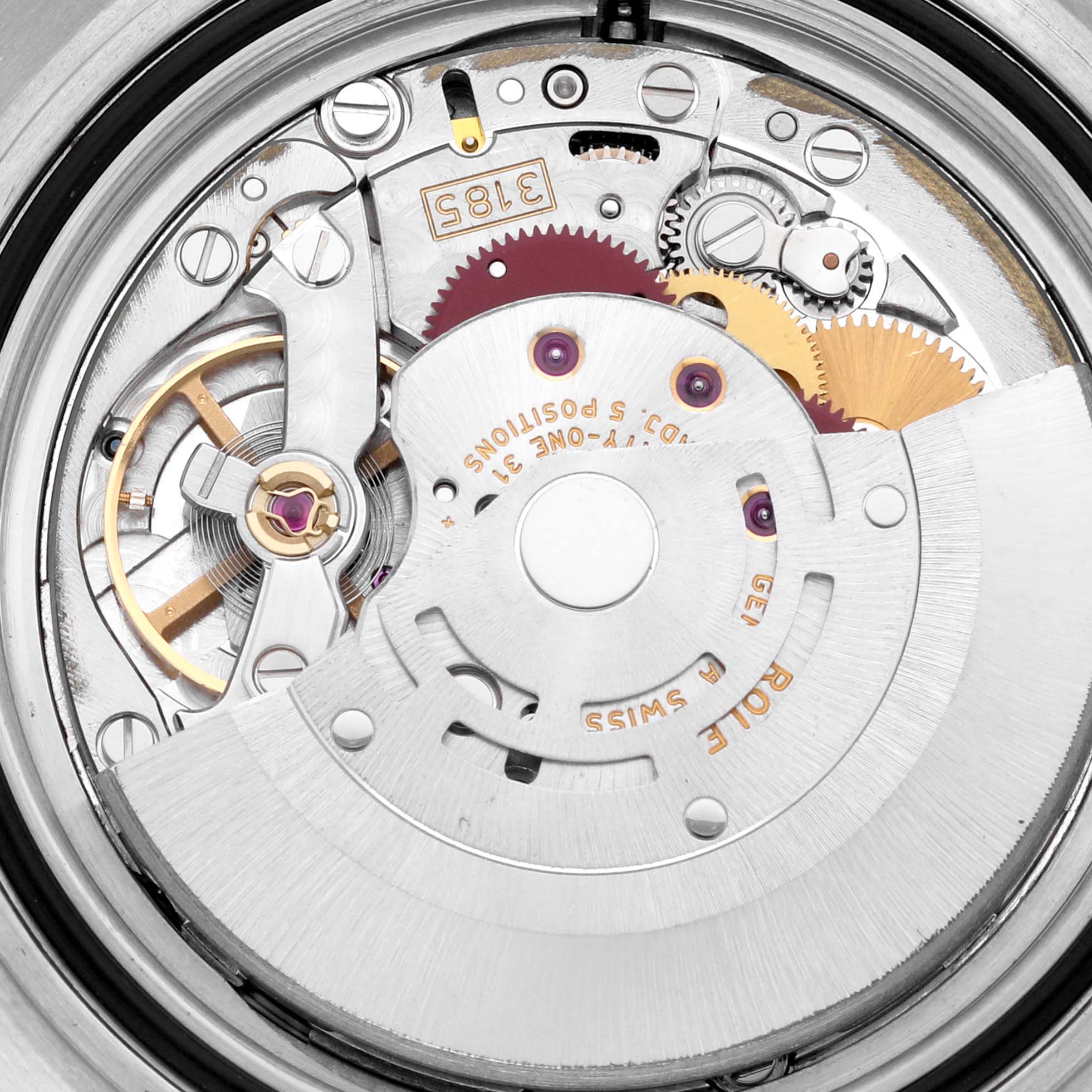 This image shows the intricate internal mechanism of a Rolex GMT-Master 16710 Men's Stainless Steel Black Dial 16710 Men's Stainless Steel Black Dial watch, highlighting its gears and components.