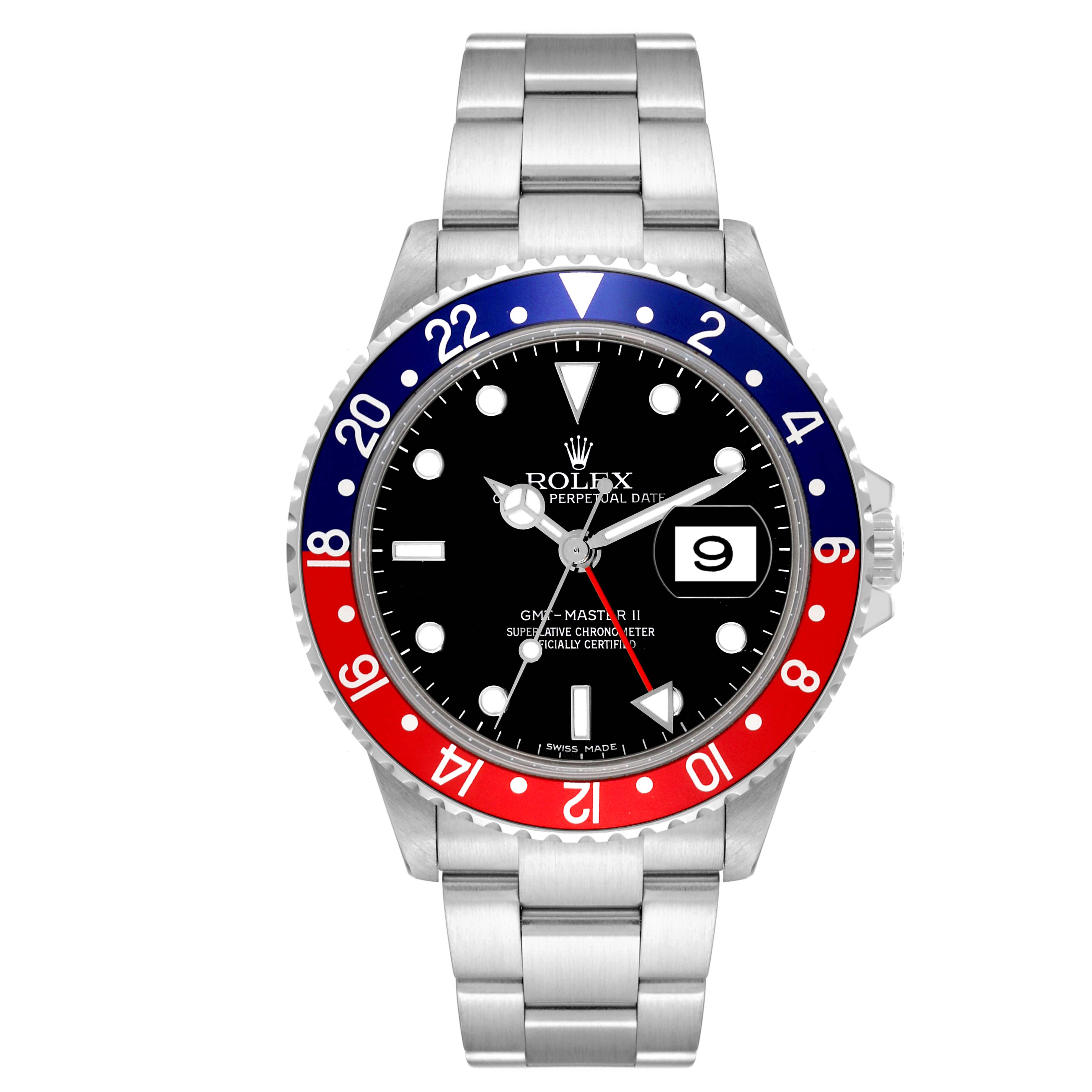 This is a front view of a Rolex GMT-Master 16710 Men's Stainless Steel Black Dial 16710 Men's Stainless Steel Black Dial II watch, showing its bezel, dial, hands, and bracelet.