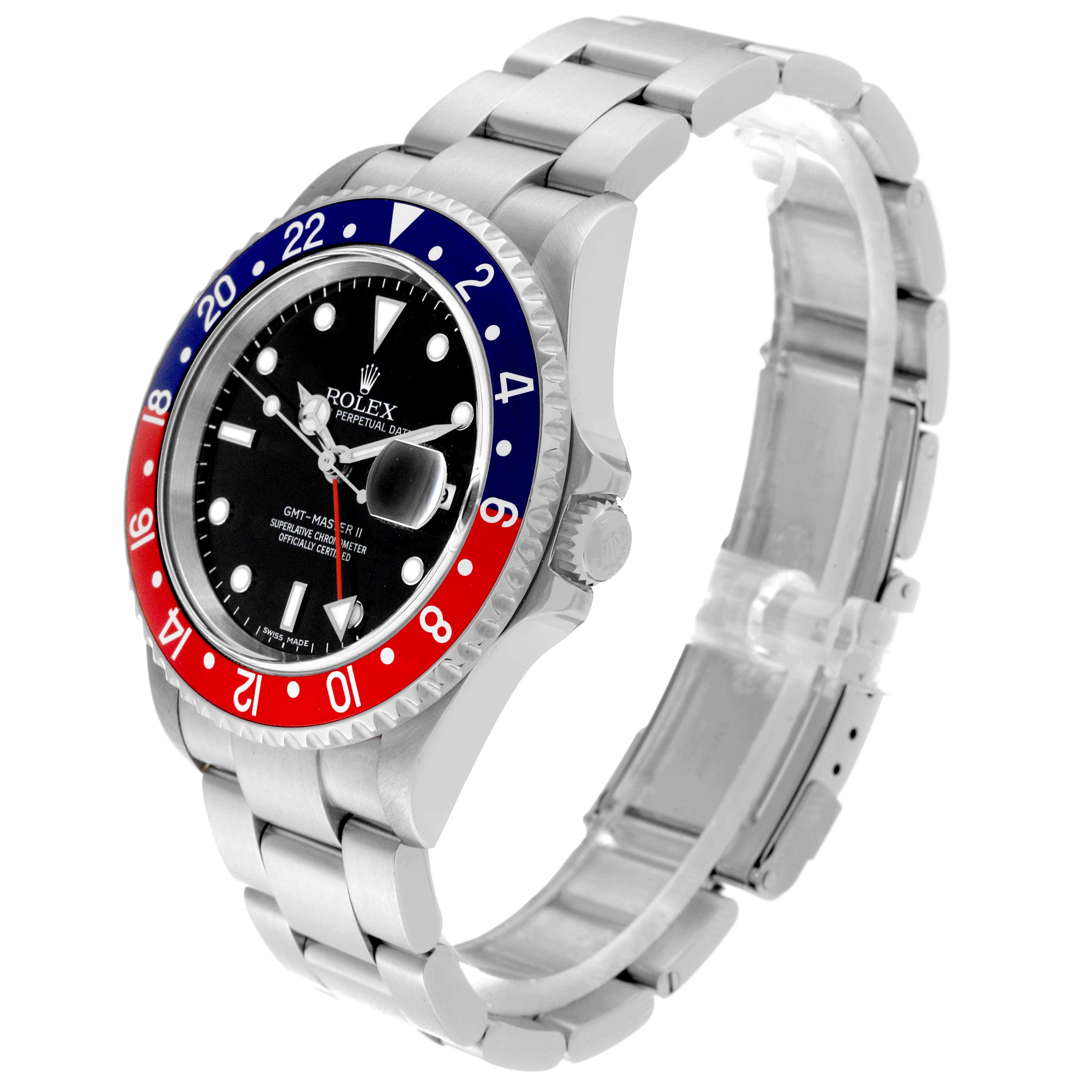 The Rolex GMT-Master 16710 Men's Stainless Steel Black Dial 16710 Men's Stainless Steel Black Dial watch is displayed at an angled side view, showing its bezel, dial, and bracelet.