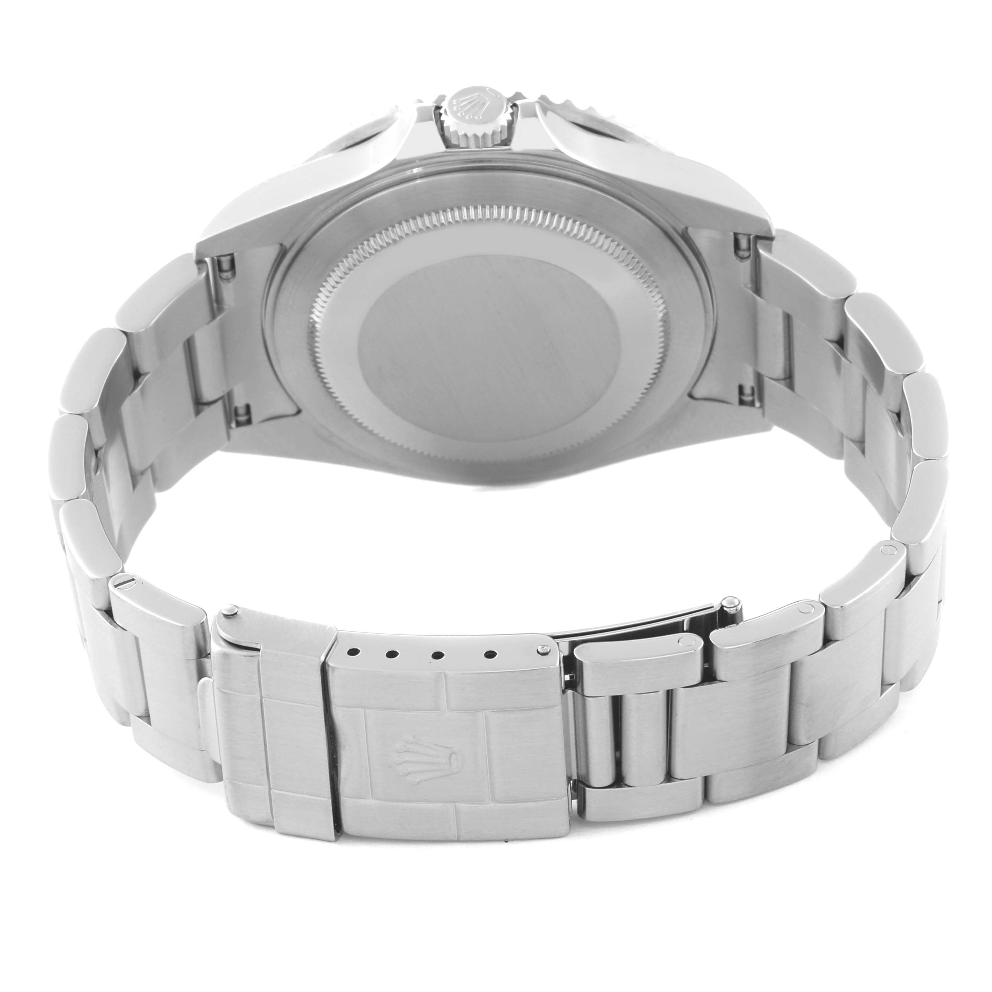 The image shows the back case and bracelet of a Rolex GMT-Master 16710 Men's Stainless Steel Black Dial 16710 Men's Stainless Steel Black Dial watch from a rear angle.