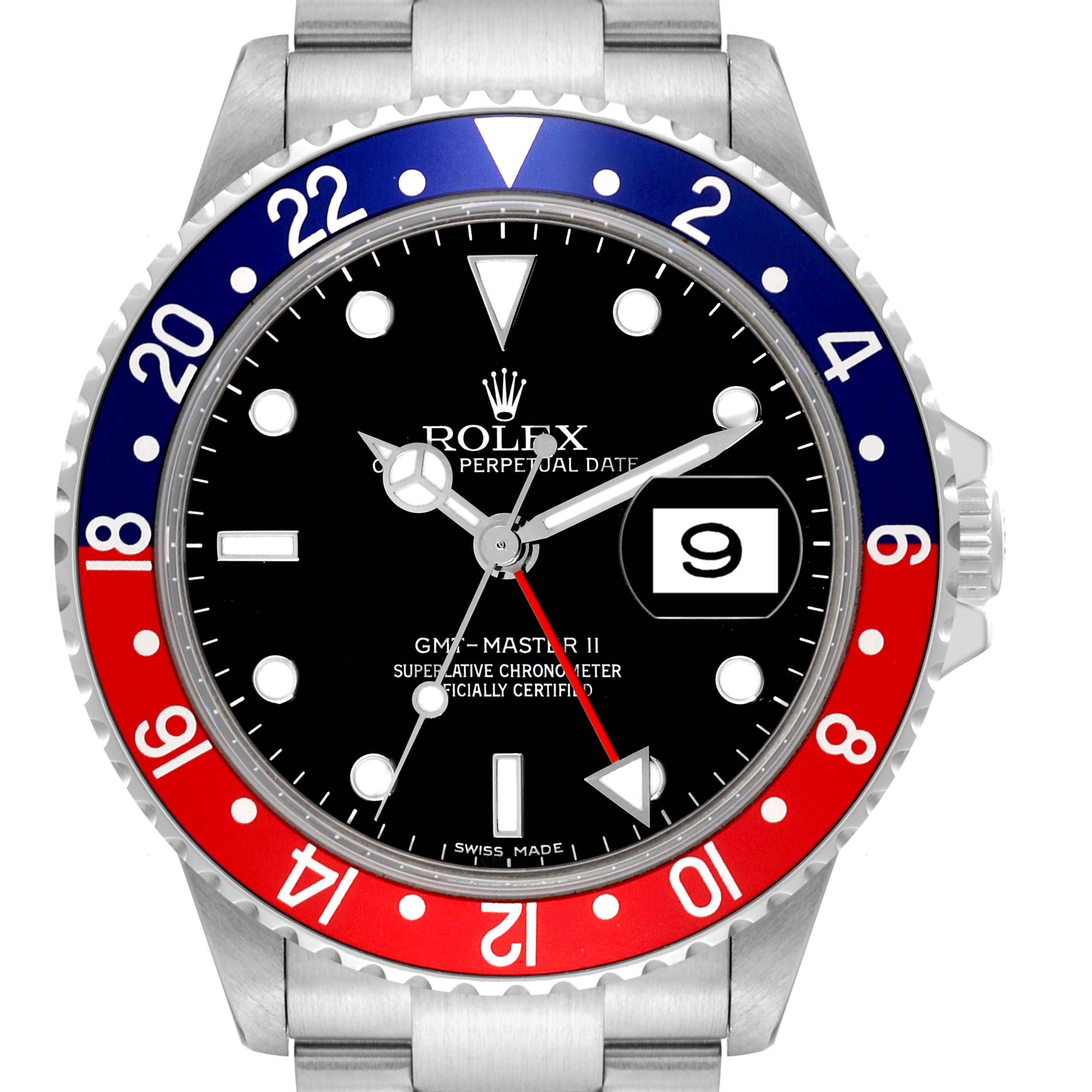 The image shows a front view of the Rolex GMT-Master 16710 Men's Stainless Steel Black Dial 16710 Men's Stainless Steel Black Dial II, highlighting the bezel, dial, and date window.
