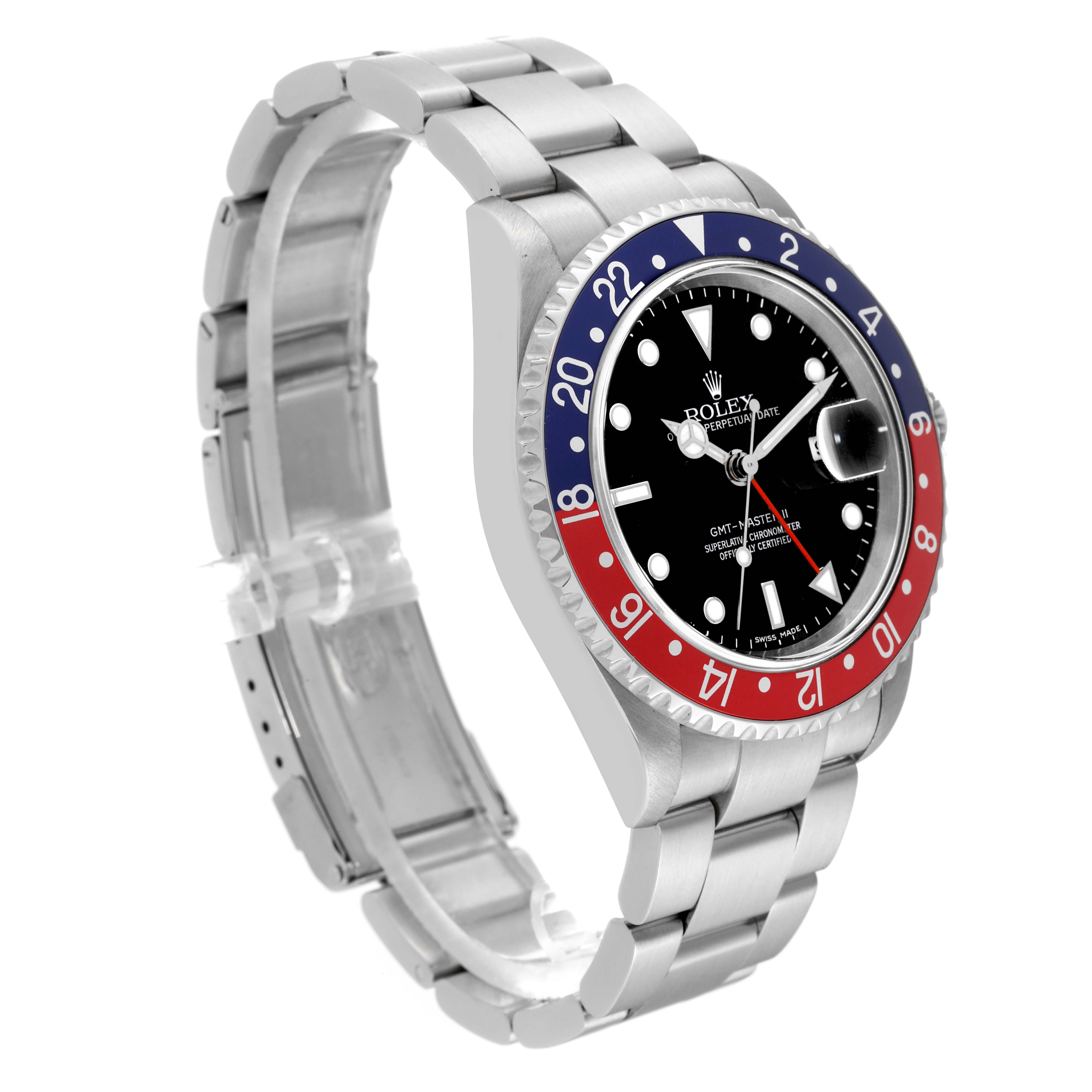 This image shows a Rolex GMT-Master 16710 Men's Stainless Steel Black Dial 16710 Men's Stainless Steel Black Dial watch at a three-quarter angle, highlighting the bezel, dial, and bracelet.