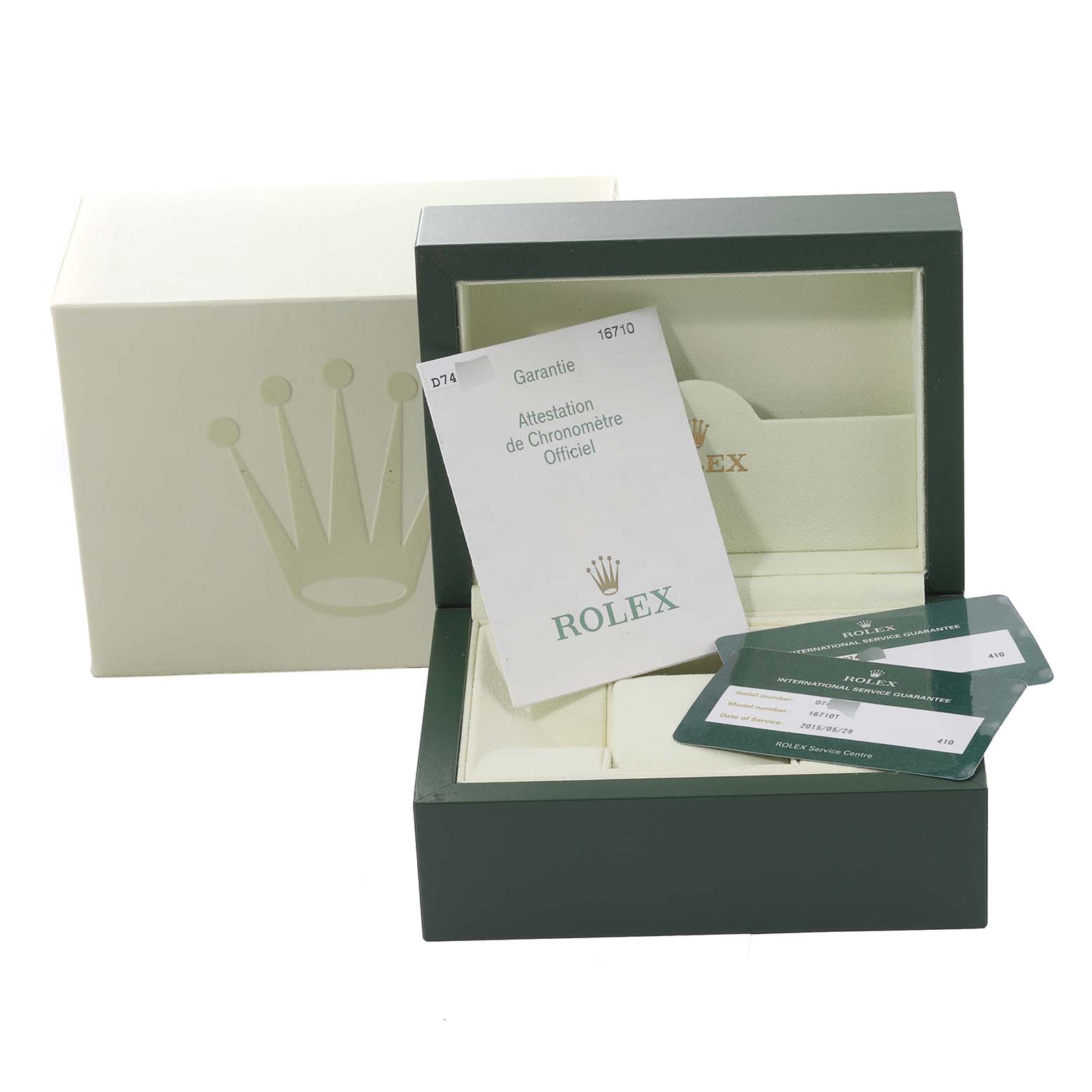 The image shows the packaging of a Rolex GMT-Master 16710 Men's Stainless Steel Black Dial 16710 Men's Stainless Steel Black Dial, including the box and accompanying documentation from a somewhat angled perspective.