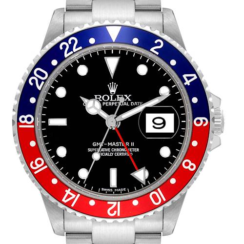 The image shows the front view of a Rolex GMT-Master II watch, highlighting its bezel, dial, and date display.