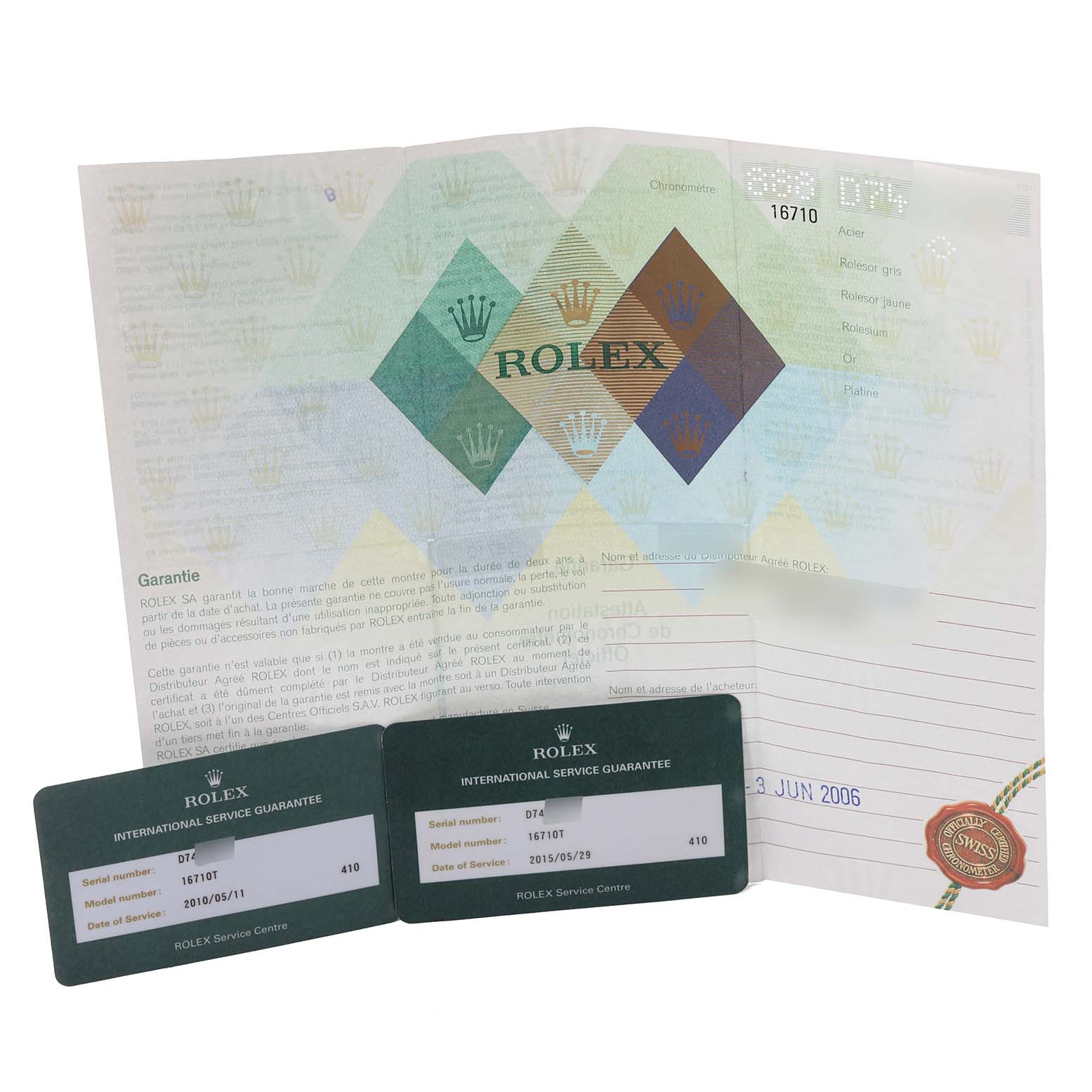 The image shows the warranty papers and service guarantee cards for a Rolex GMT-Master 16710 Men's Stainless Steel Black Dial 16710 Men's Stainless Steel Black Dial.