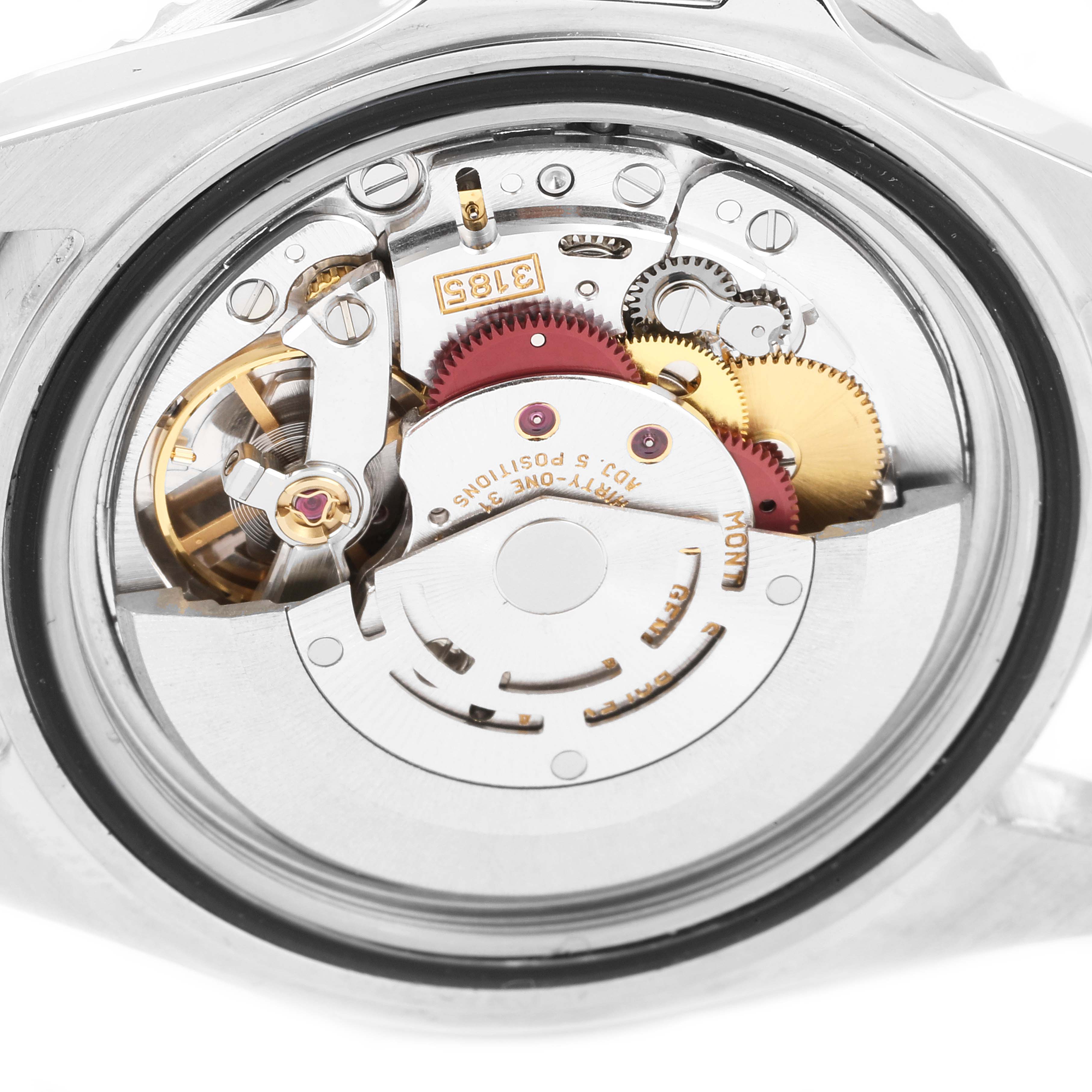 This image showcases the movement and internal mechanics of a Rolex GMT-Master 16710 Men
s Stainless Steel Black Dial 16710 Men
s Stainless Steel Black Dial watch from the rear angle.