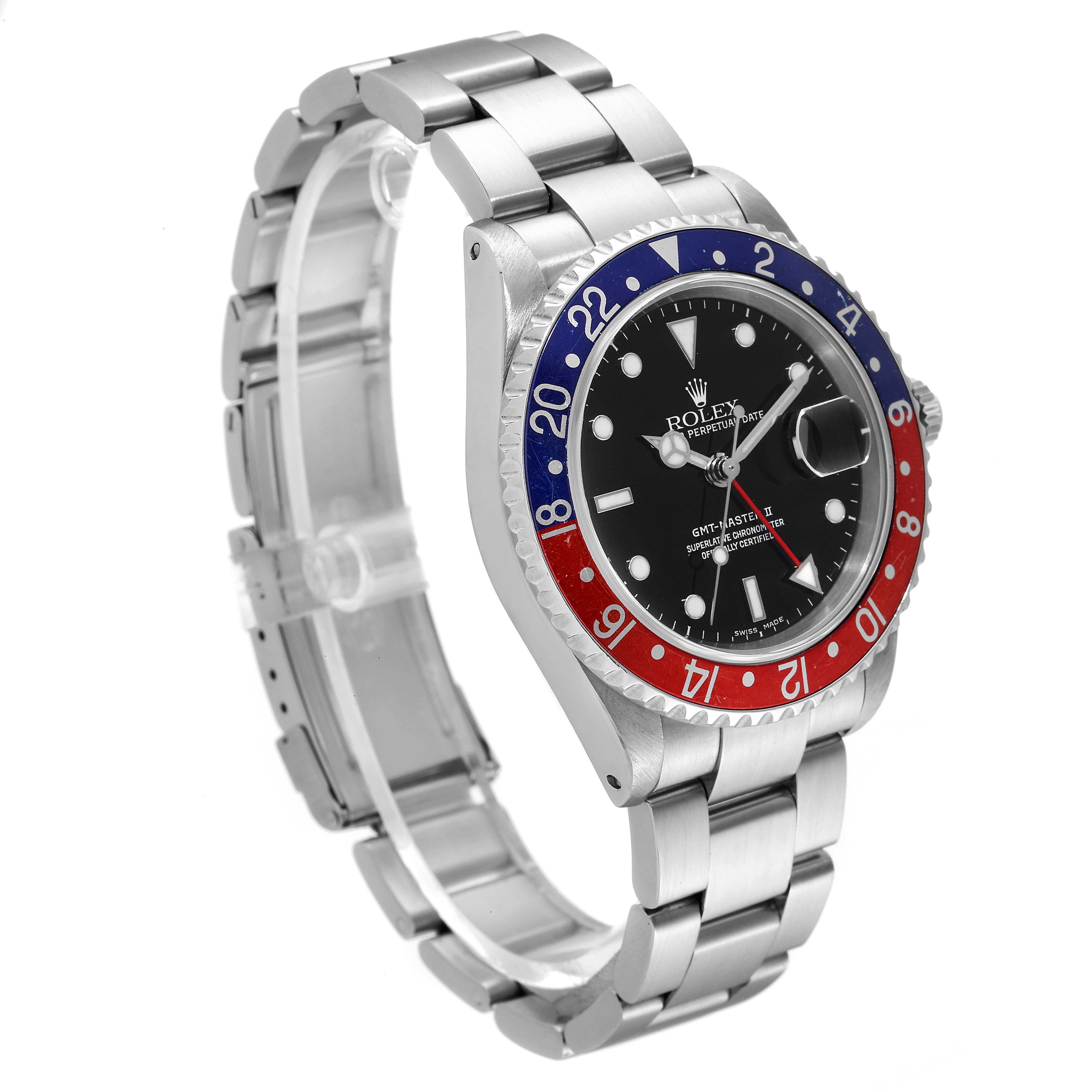 The image shows a Rolex GMT-Master 16710 Men
s Stainless Steel Black Dial 16710 Men
s Stainless Steel Black Dial watch at a slight angle, highlighting its bezel, dial, and bracelet.