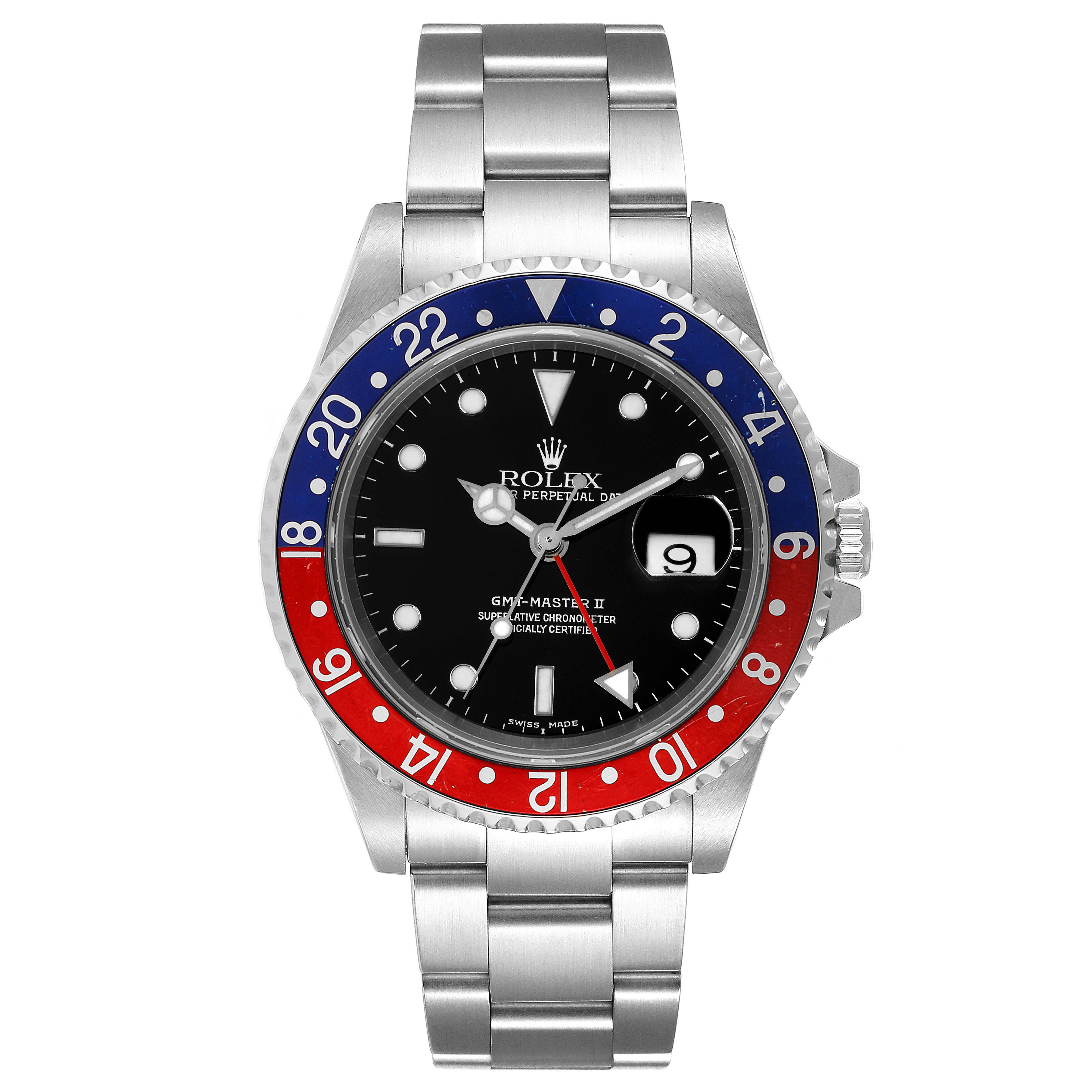 The Rolex GMT-Master 16710 Men
s Stainless Steel Black Dial 16710 Men
s Stainless Steel Black Dial watch is shown from a front angle, displaying its dial, bezel, and bracelet.