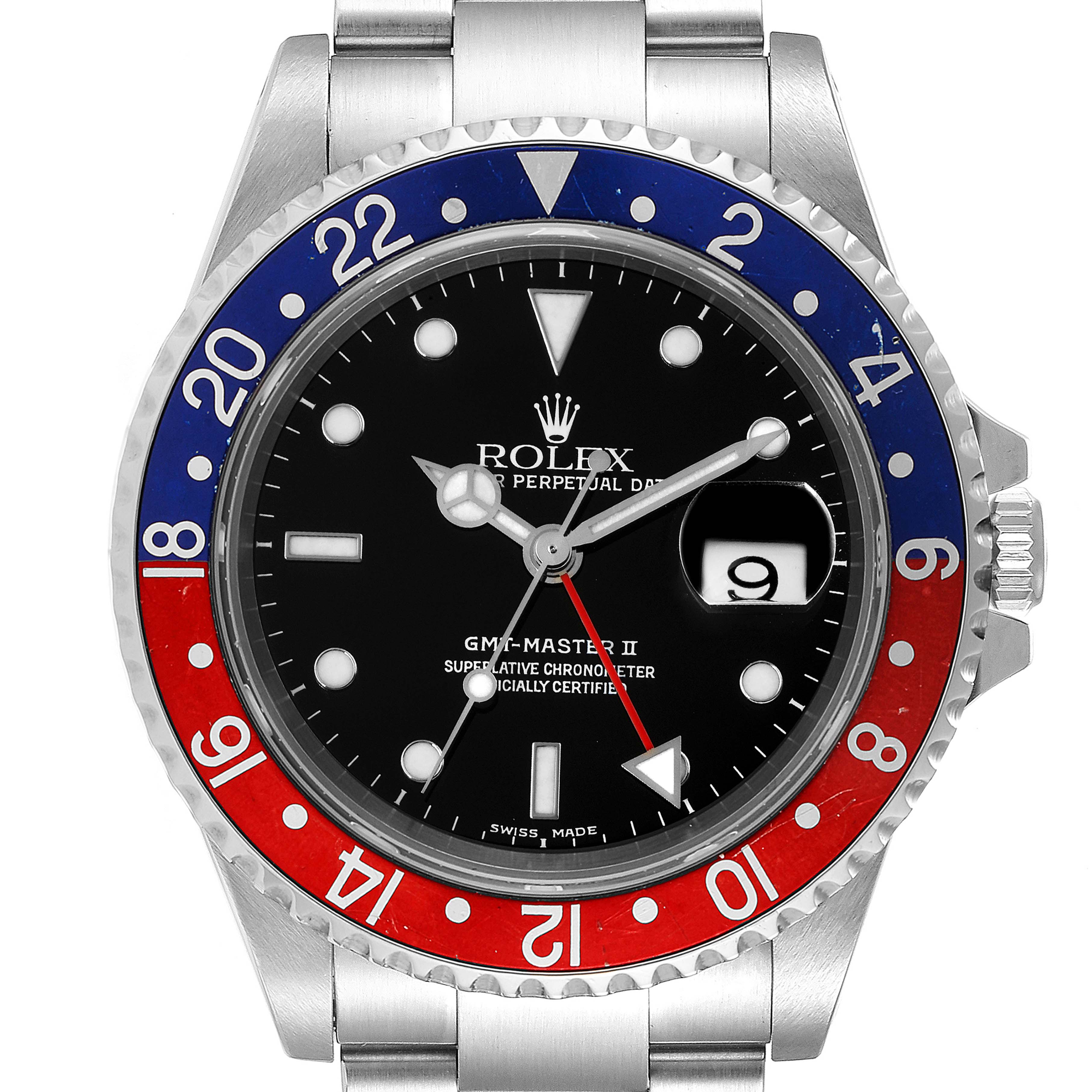 This is a front view of a Rolex GMT-Master 16710 Men
s Stainless Steel Black Dial 16710 Men
s Stainless Steel Black Dial II watch, showing the bezel, dial, hands, date window, and part of the bracelet.