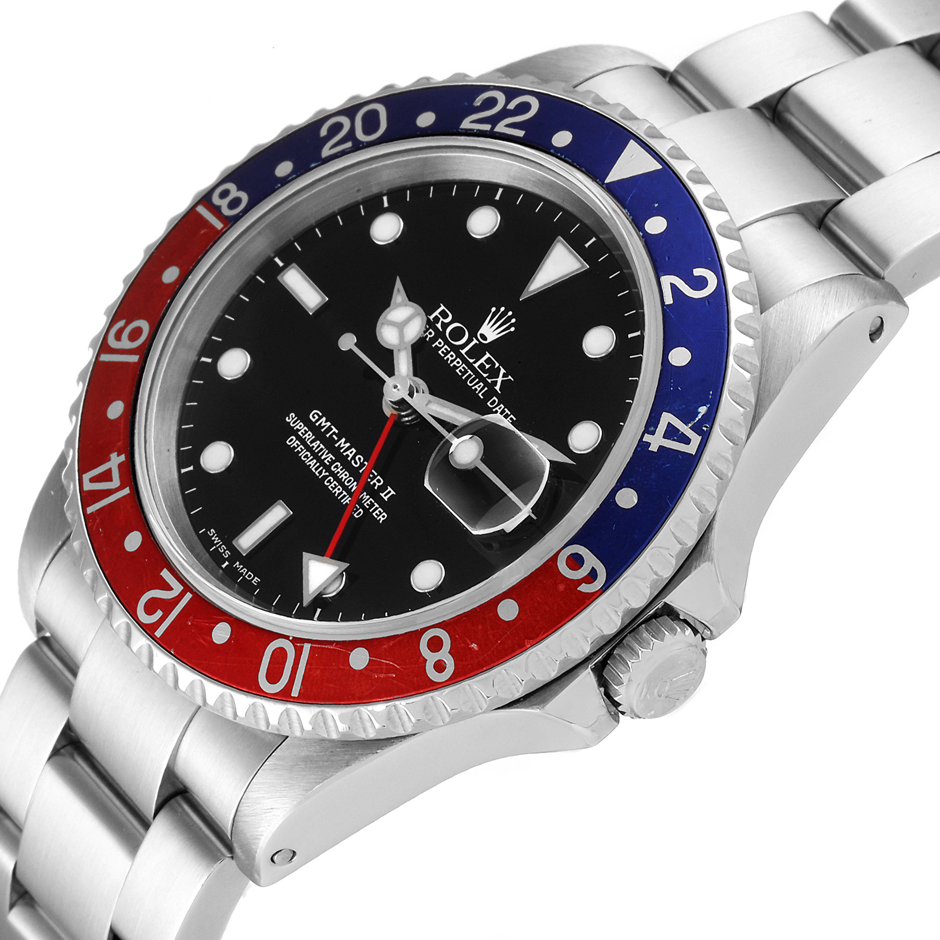 The image shows a close-up angle of the Rolex GMT-Master 16710 Men
s Stainless Steel Black Dial 16710 Men
s Stainless Steel Black Dial watch, highlighting its red and blue bezel, black dial, and stainless steel bracelet.