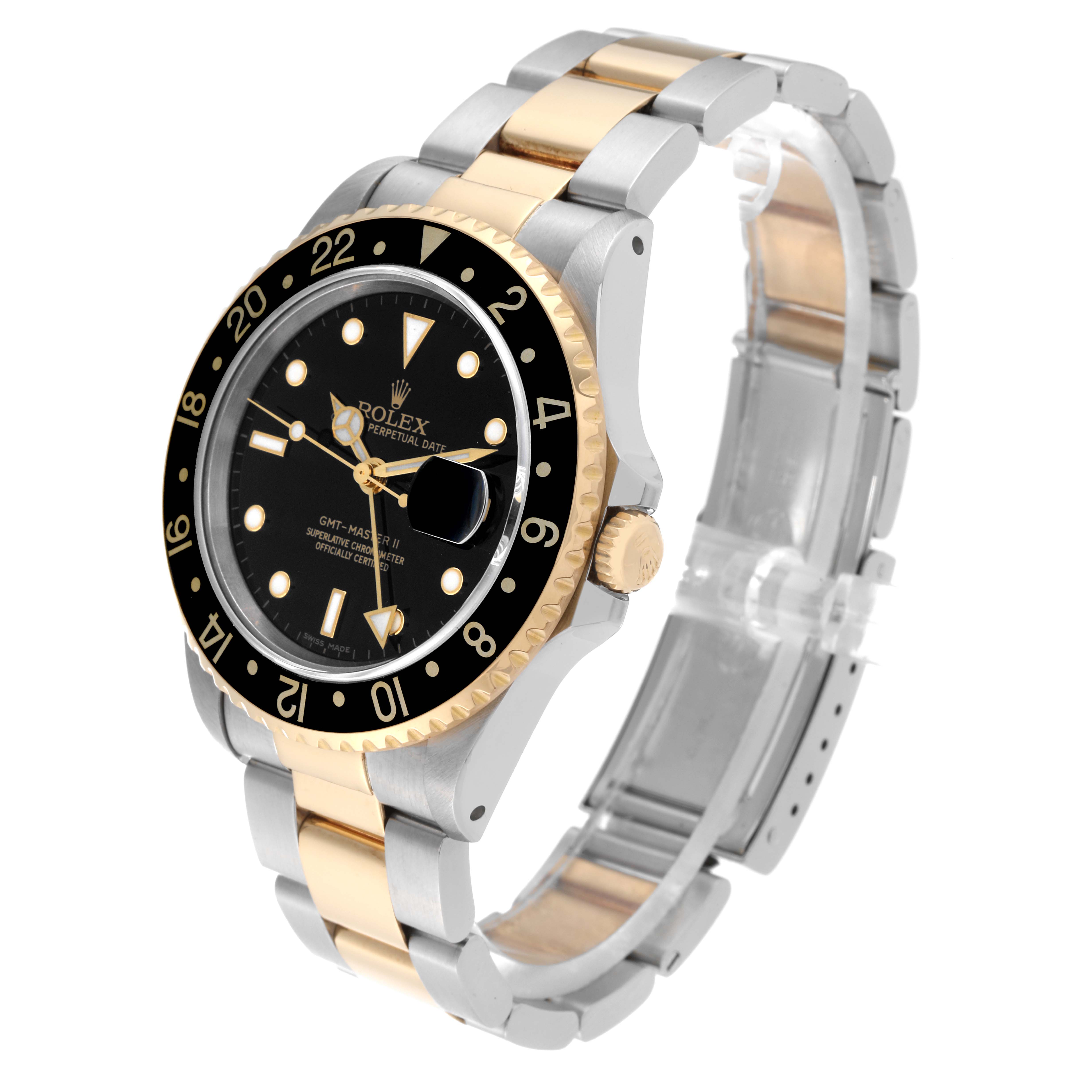 The Rolex GMT-Master 16713 Men's Steel and Gold (two tone) Black Dial 16713 Men's Steel and Gold (two tone) Black Dial II watch is shown at an angle displaying the bracelet, bezel, dial, and crown.