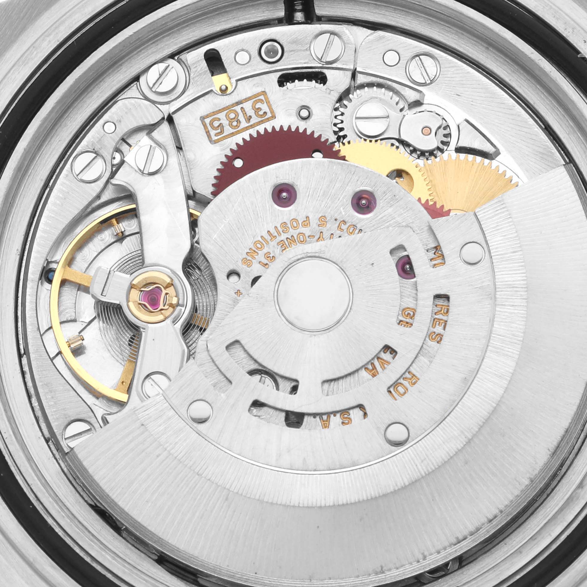 This image shows the intricate inner workings of the Rolex GMT-Master 16713 Men's Steel and Gold (two tone) Black Dial 16713 Men's Steel and Gold (two tone) Black Dial model watch mechanism.