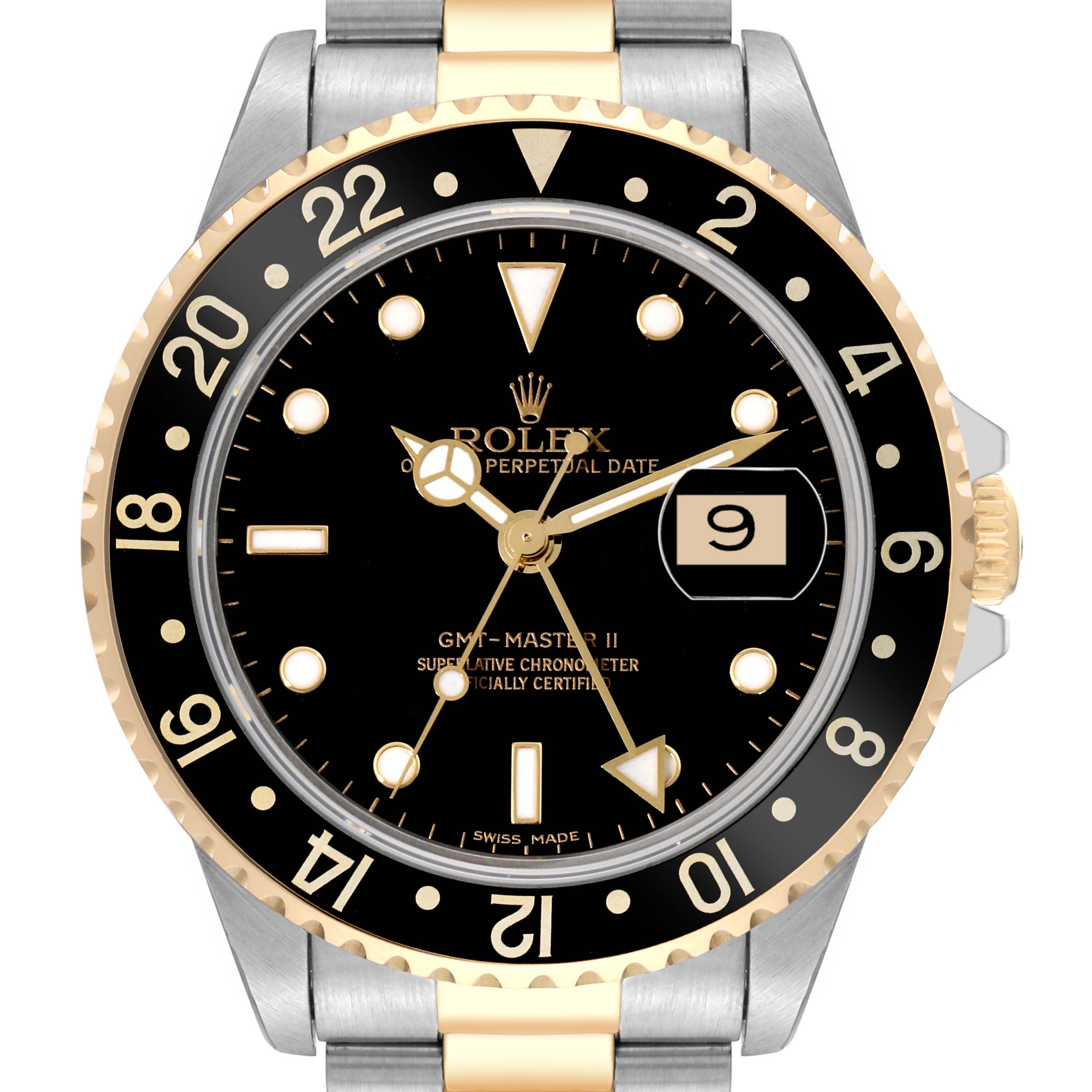 The image shows a front view of the Rolex GMT-Master 16713 Men's Steel and Gold (two tone) Black Dial 16713 Men's Steel and Gold (two tone) Black Dial II watch, highlighting its black dial, gold accents, and date display.