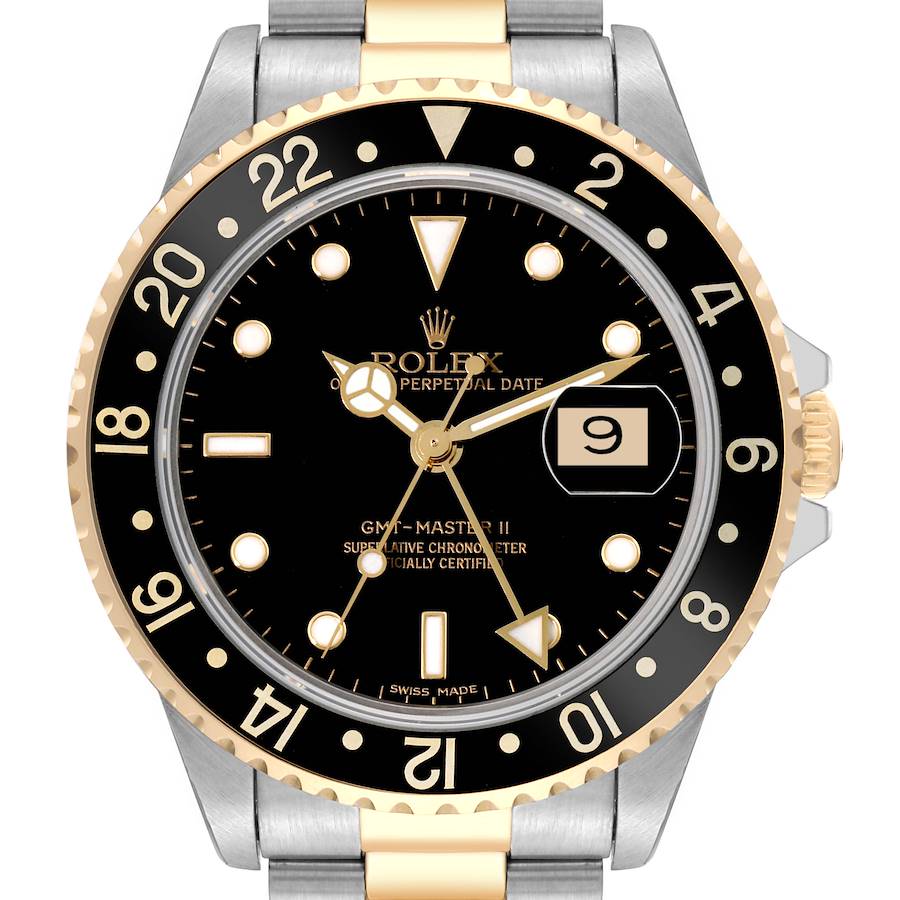 Rolex GMT Master II Steel Yellow Gold Black Dial Mens Watch 16713 SwissWatchExpo