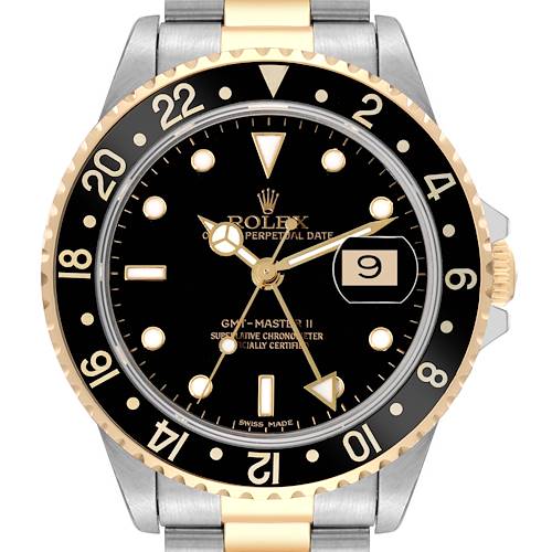 The image shows a frontal view of a Rolex GMT-Master II watch, highlighting the face, bezel, and part of the bracelet.