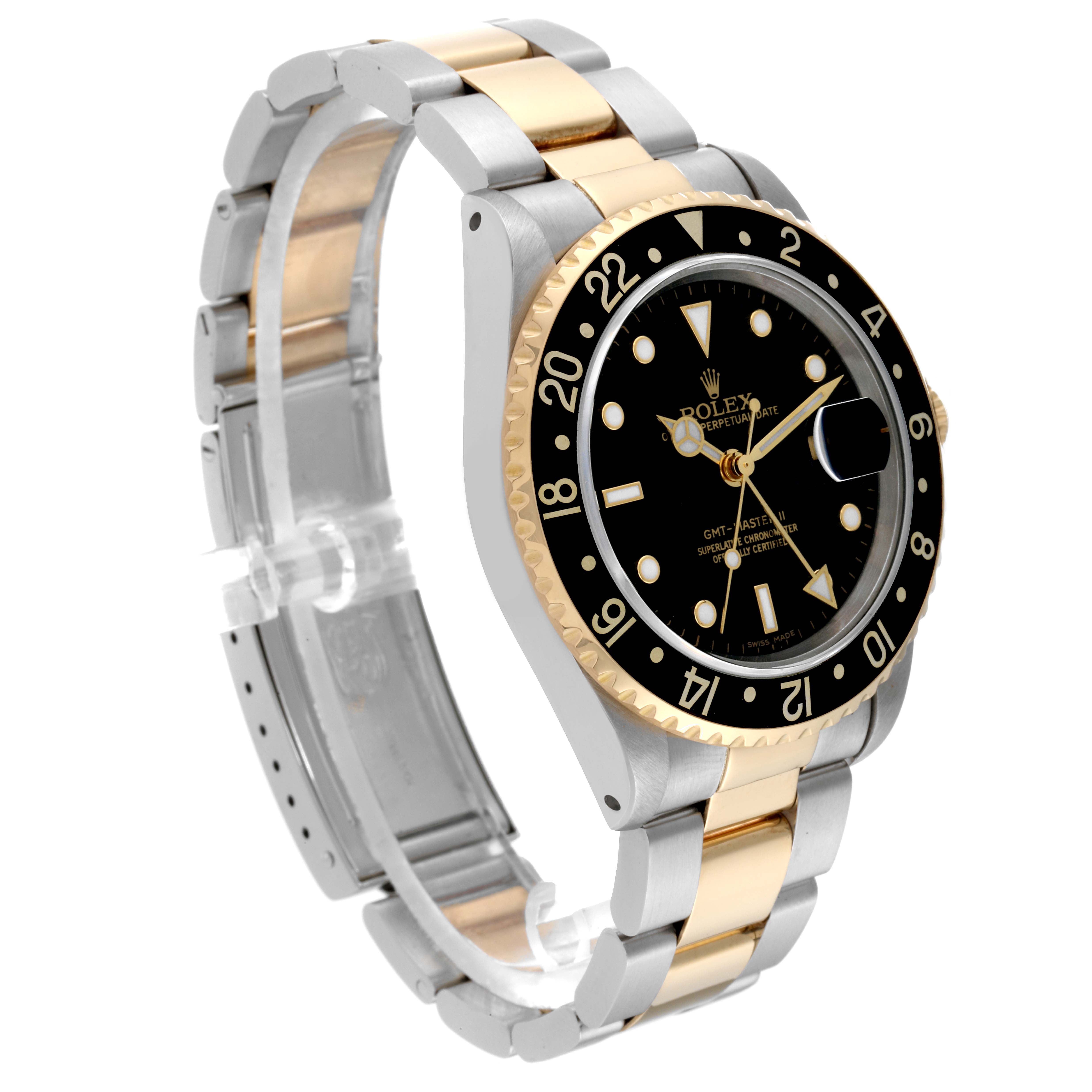 This image shows a side view of a Rolex GMT-Master 16713 Men's Steel and Gold (two tone) Black Dial 16713 Men's Steel and Gold (two tone) Black Dial watch, highlighting the two-tone bracelet and black dial with hour markers.