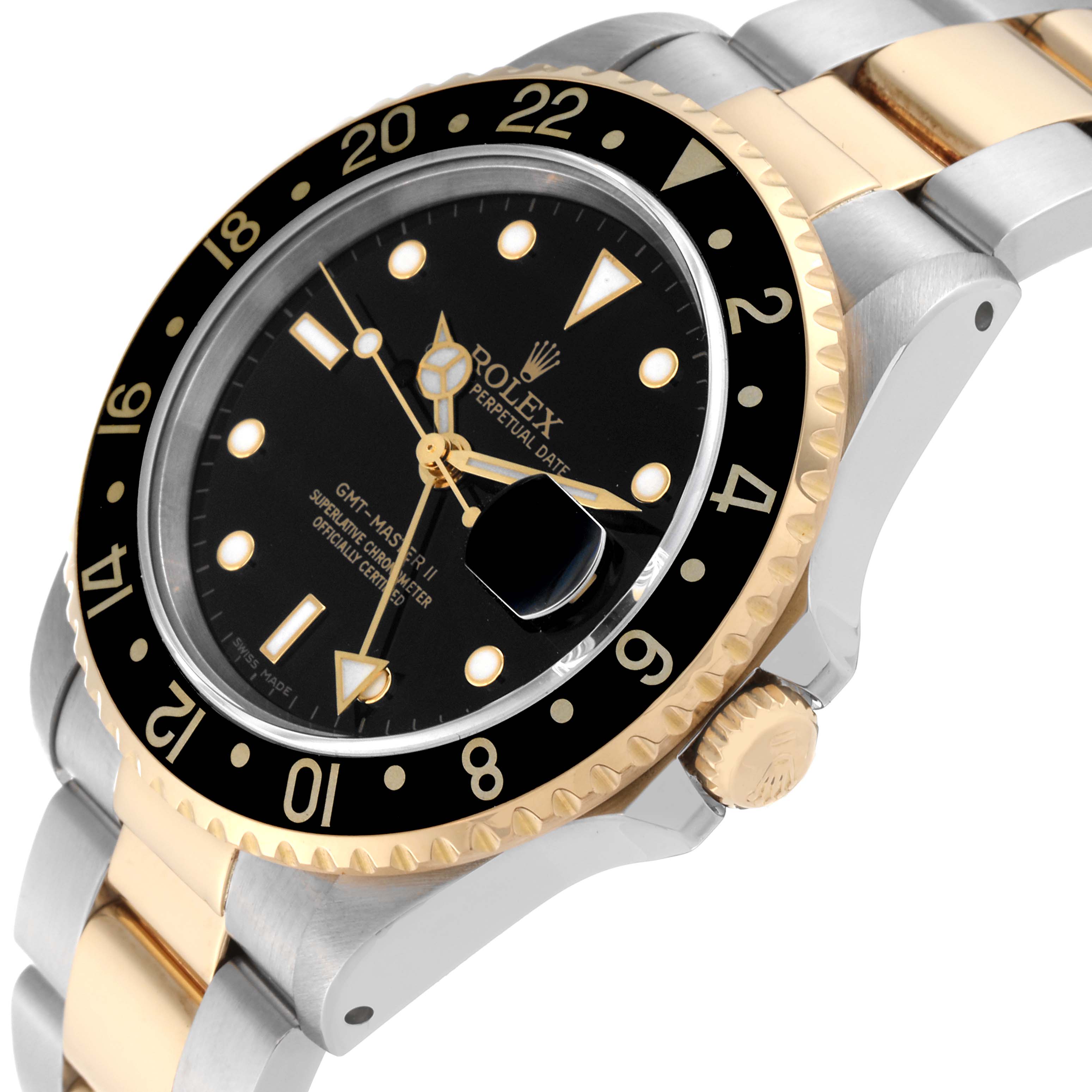 The Rolex GMT-Master 16713 Men's Steel and Gold (two tone) Black Dial 16713 Men's Steel and Gold (two tone) Black Dial watch is shown from an angled side view, highlighting its bezel, dial, crown, and two-tone bracelet.