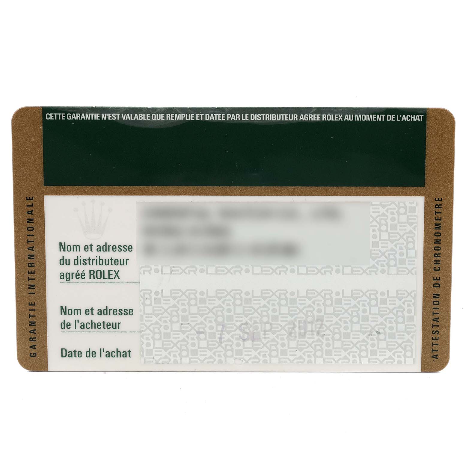 This image shows the International Guarantee Card for the Rolex Milgauss 116400GV Men's Stainless Steel Black Dial 116400GV Men's Stainless Steel Black Dial model, displaying warranty information details.