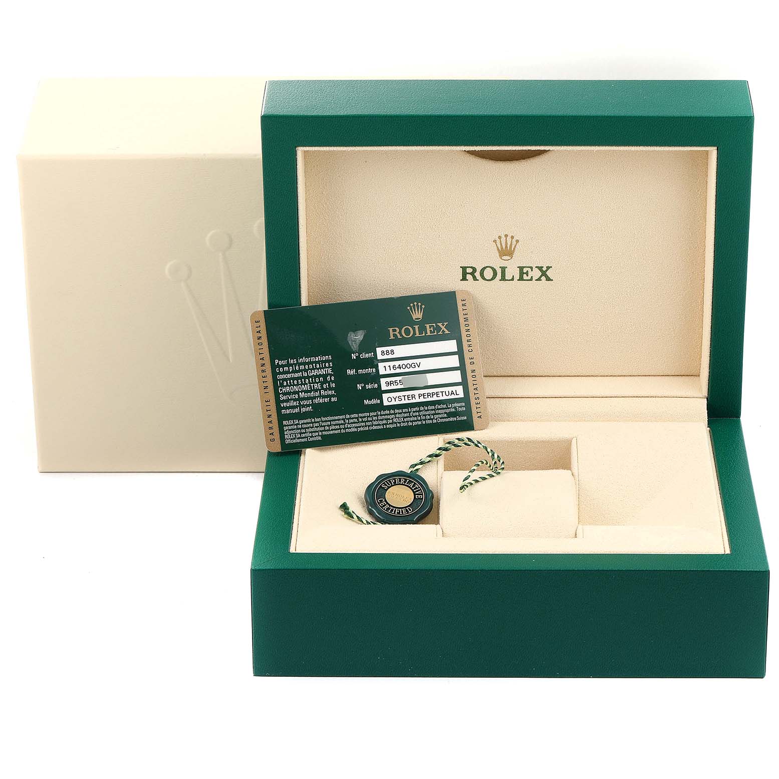 The image shows the packaging, authenticity card, and tag for a Rolex Milgauss 116400GV Men's Stainless Steel Black Dial 116400GV Men's Stainless Steel Black Dial watch.