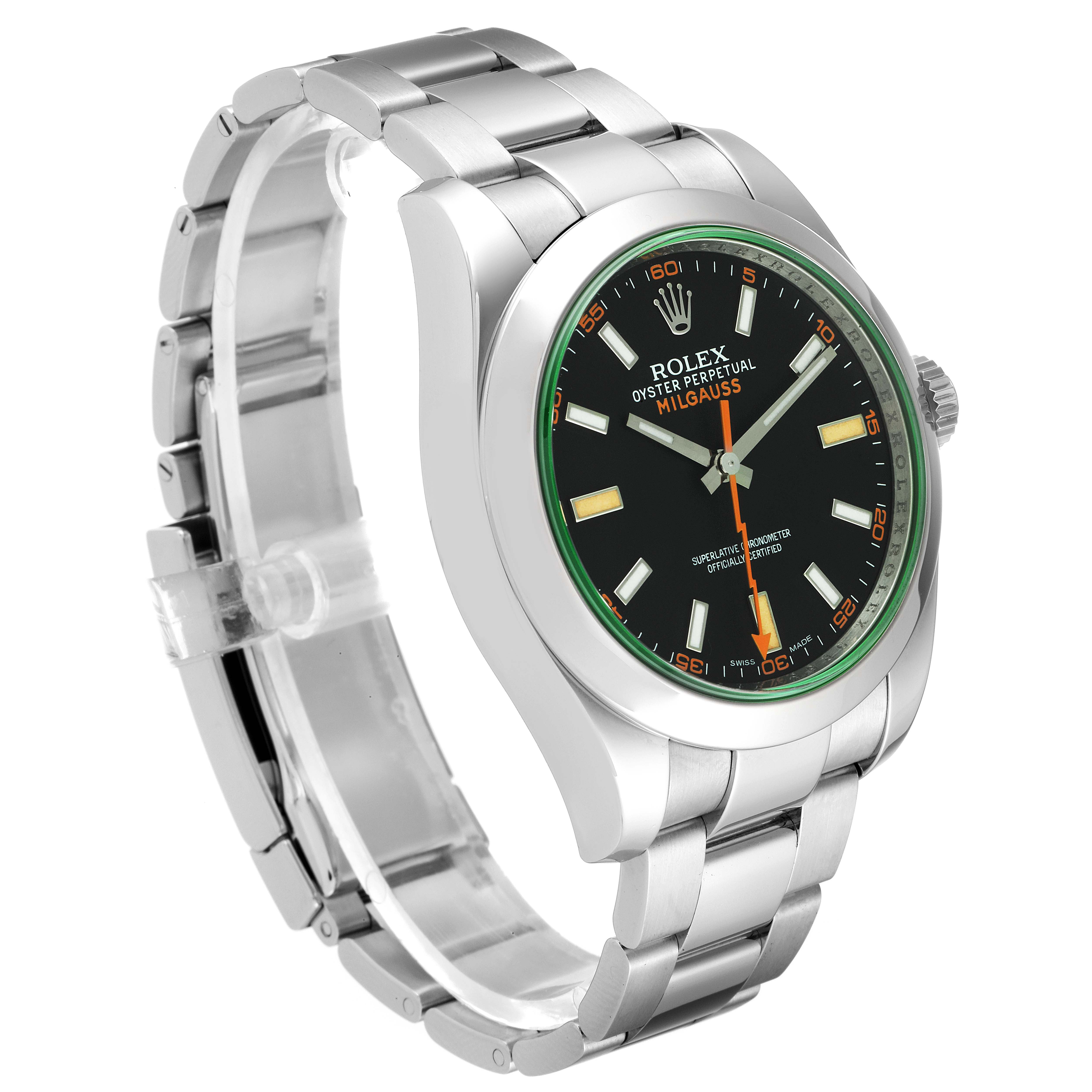 The Rolex Milgauss 116400GV Men's Stainless Steel Black Dial 116400GV Men's Stainless Steel Black Dial watch is shown at a three-quarter angle, highlighting the dial, bezel, bracelet, and crown.