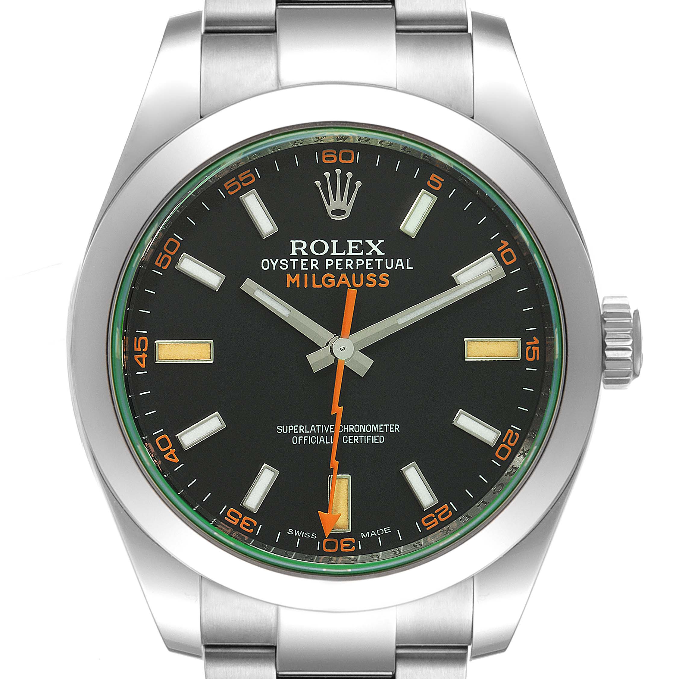 The image shows a head-on view of a Rolex Milgauss 116400GV Men's Stainless Steel Black Dial 116400GV Men's Stainless Steel Black Dial watch, displaying its dial, hands, crown, and part of the bracelet.