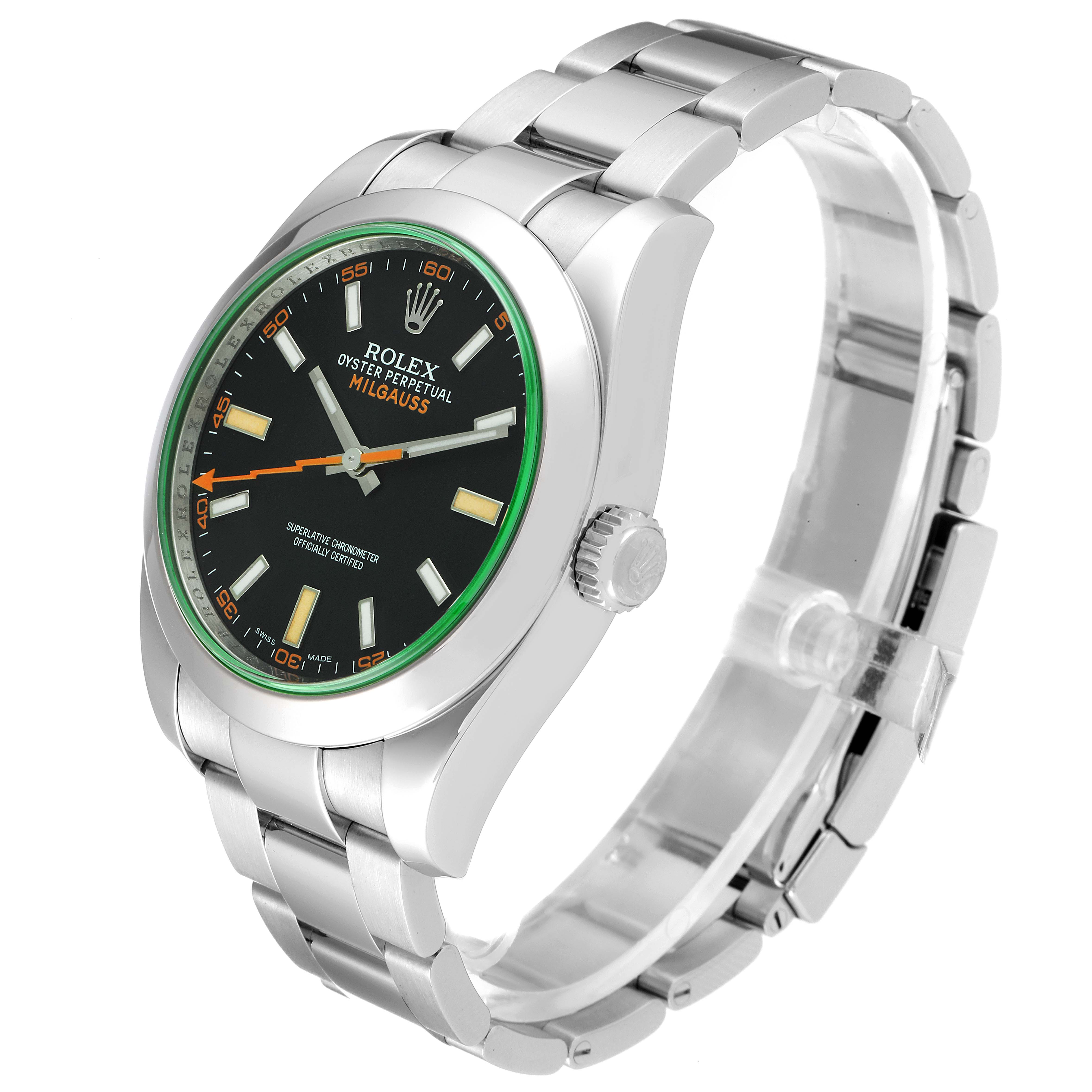 The image shows a Rolex Milgauss 116400GV Men's Stainless Steel Black Dial 116400GV Men's Stainless Steel Black Dial watch at a three-quarter angle, highlighting its face, bezel, crown, and bracelet.