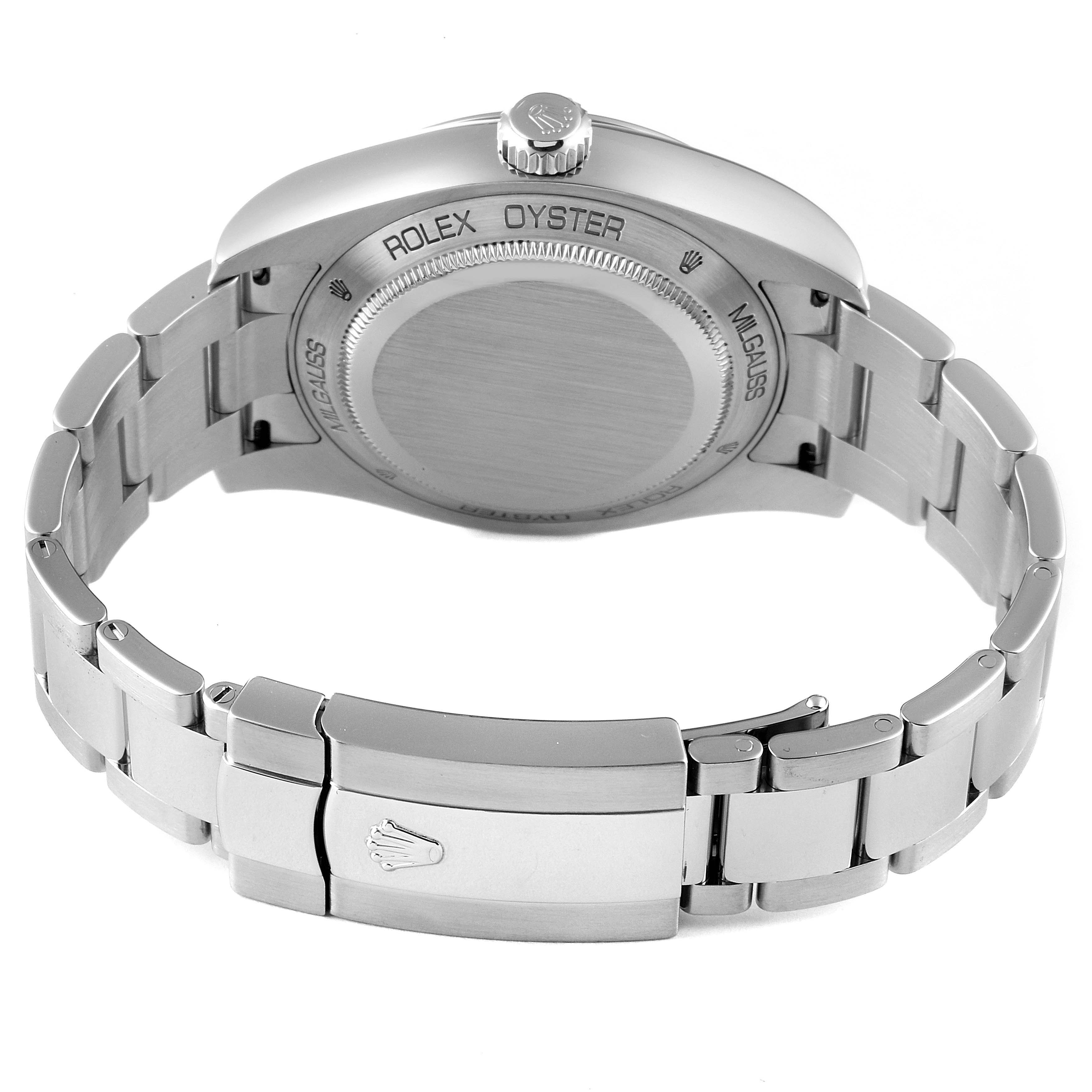 The image shows the back case and bracelet of a Rolex Milgauss 116400GV Men's Stainless Steel Black Dial 116400GV Men's Stainless Steel Black Dial watch, viewed from the rear.