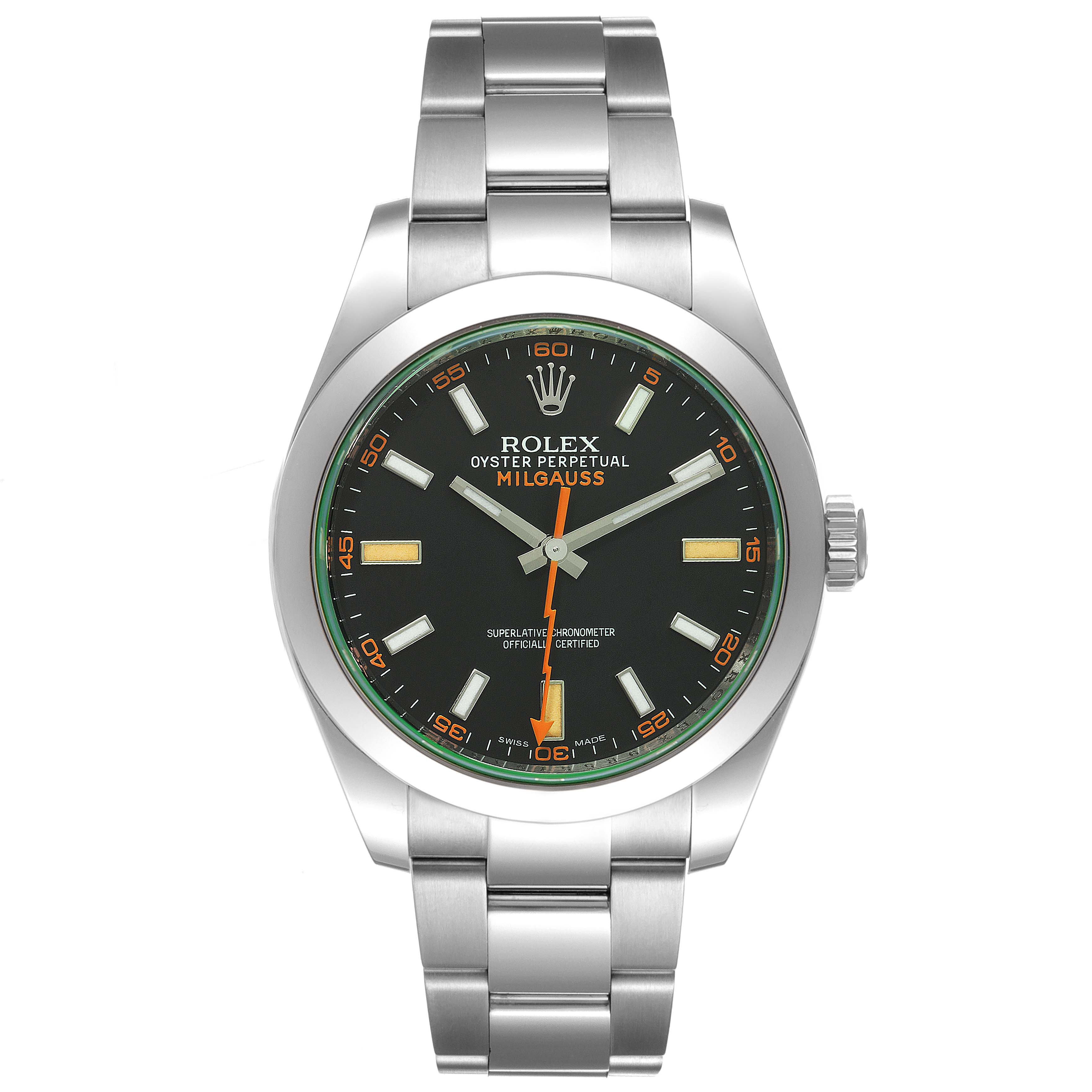The image shows a front view of a Rolex Milgauss 116400GV Men's Stainless Steel Black Dial 116400GV Men's Stainless Steel Black Dial watch, displaying its face, bezel, and bracelet.
