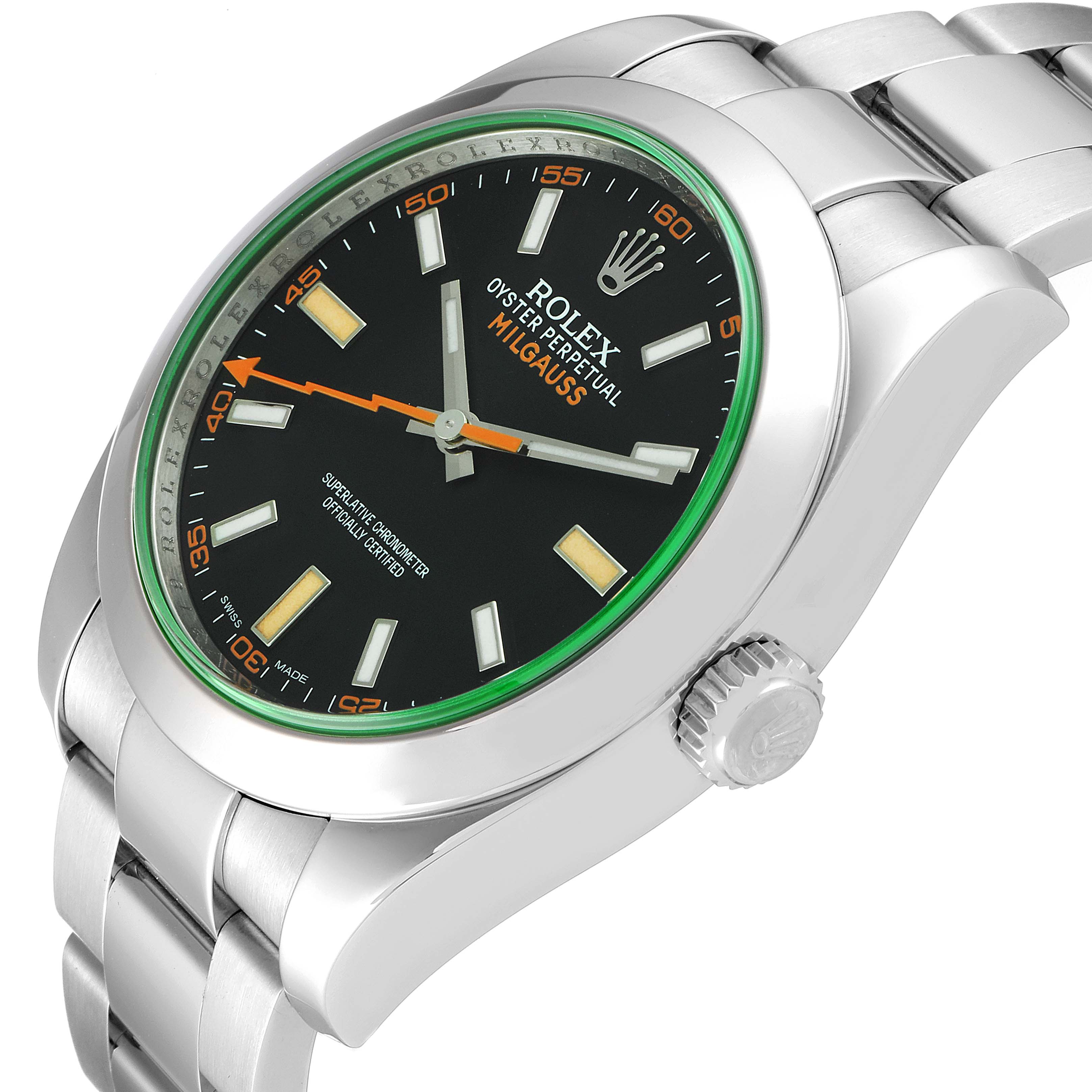The image shows a close-up angle of the Rolex Milgauss 116400GV Men's Stainless Steel Black Dial 116400GV Men's Stainless Steel Black Dial watch, highlighting the dial, case, and bracelet.