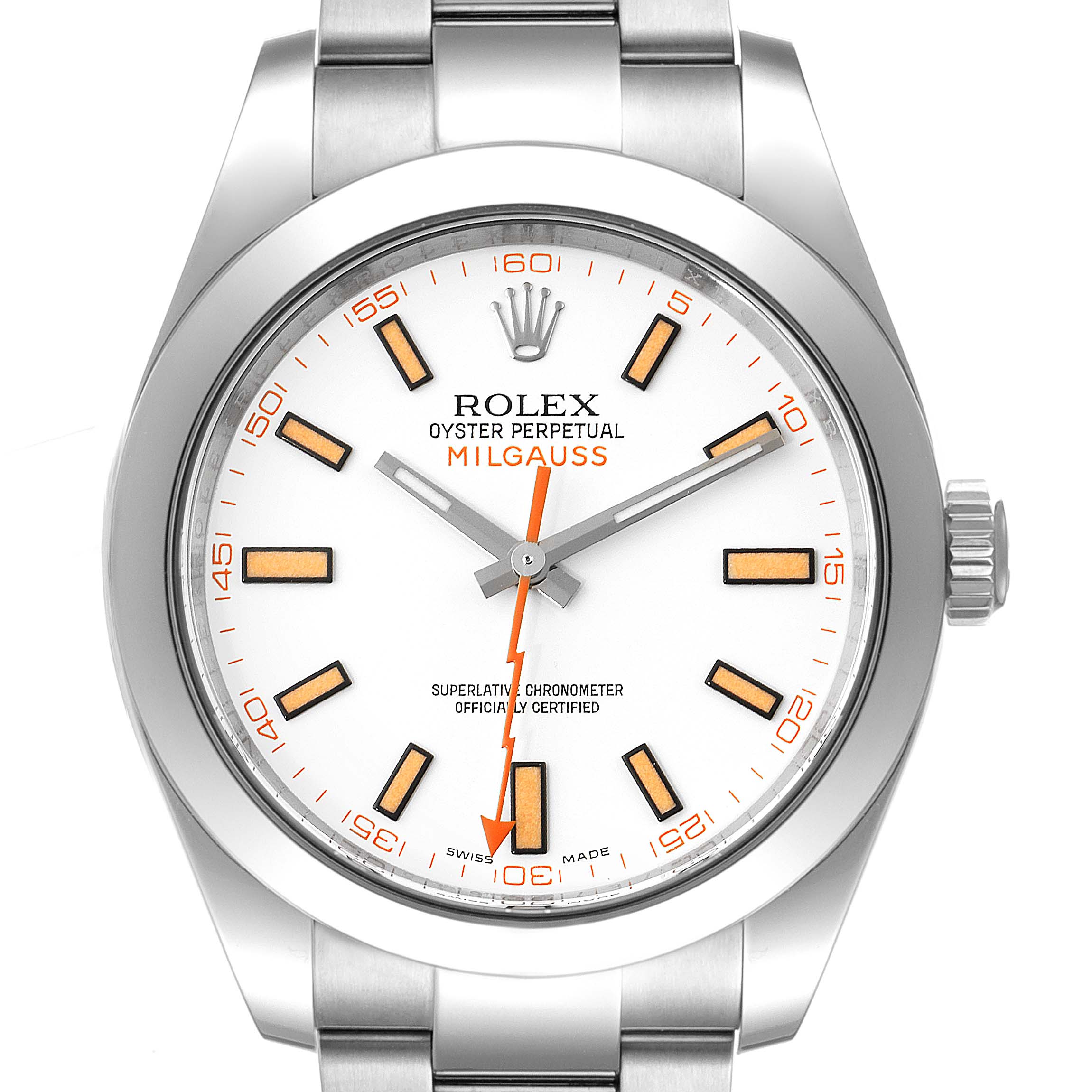 The image shows a front view of a Rolex Milgauss 116400 Men's Stainless Steel White Dial 116400 Men's Stainless Steel White Dial watch, focusing on the dial, hands, crown, and bracelet.